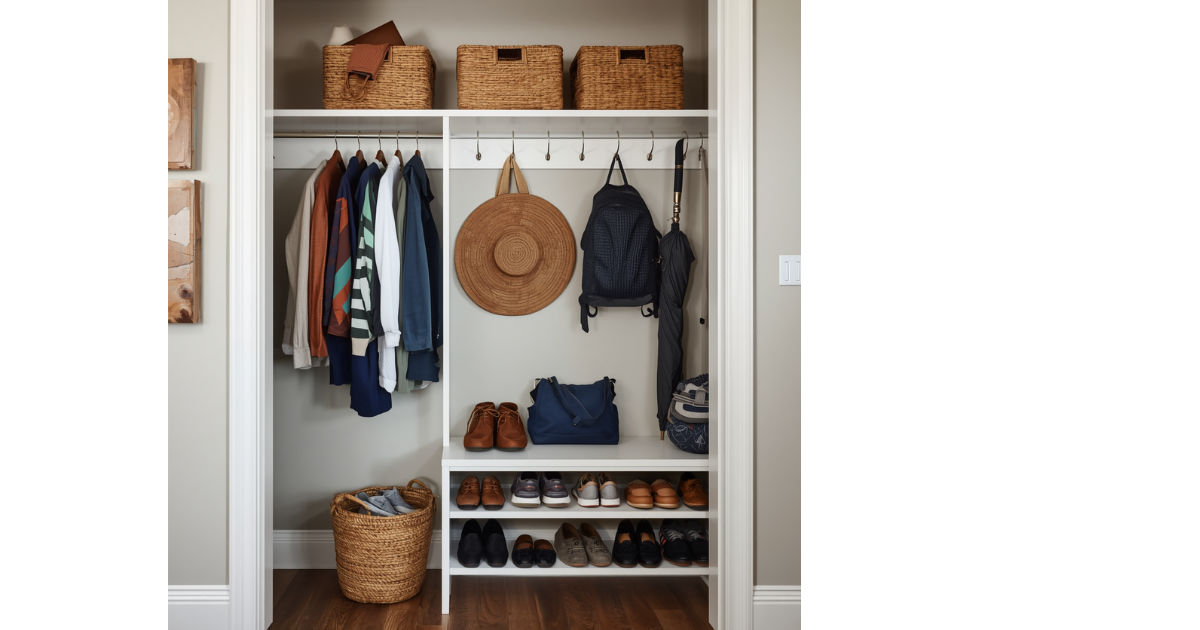 A front hall closet with 3 woven baskets at the top, some white shelves holding shoes to the right with hooks holding a hat, umbrella, and backpack above it and to the left in the bottom a round basket holding items and about 5 coats hanging above
