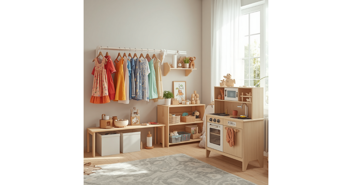 tidy playroom showing some dresses hanging to the left over some neat shelves holding baskets of toys and small play kitchen and window to the right