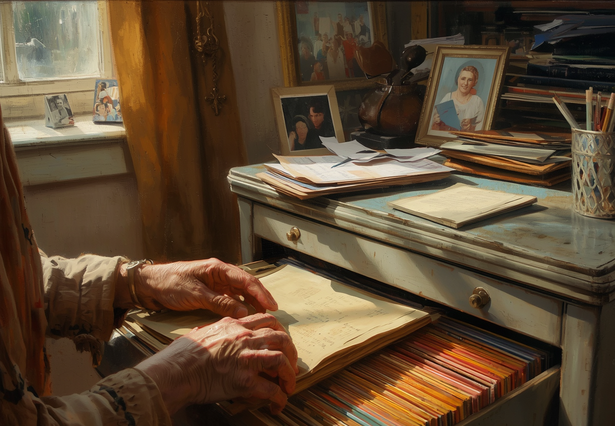 Hands with wrinkles over a legal pad and an open drawer filled with some additional papers and picture frames on top of the cabinet and a window in the background