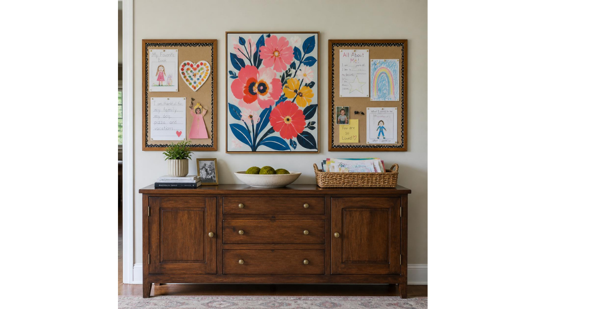 brown wooden buffet holding a few knickknacks and a basket with papers, on the wall a large central floral artwork with bulletin boards holding childrens art work on either side of it