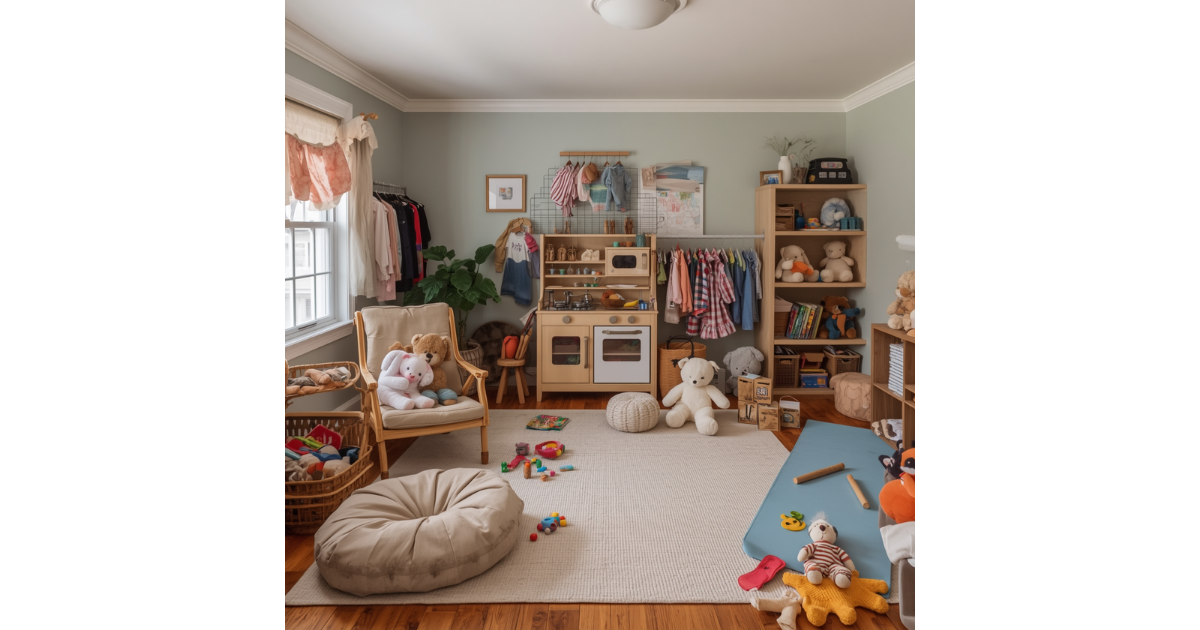 Playroom with toys with a window to the left a rocking chair, cushion on the floor, lots of toys on the shelves at the back of the room and a yoga mat to the right on the floor