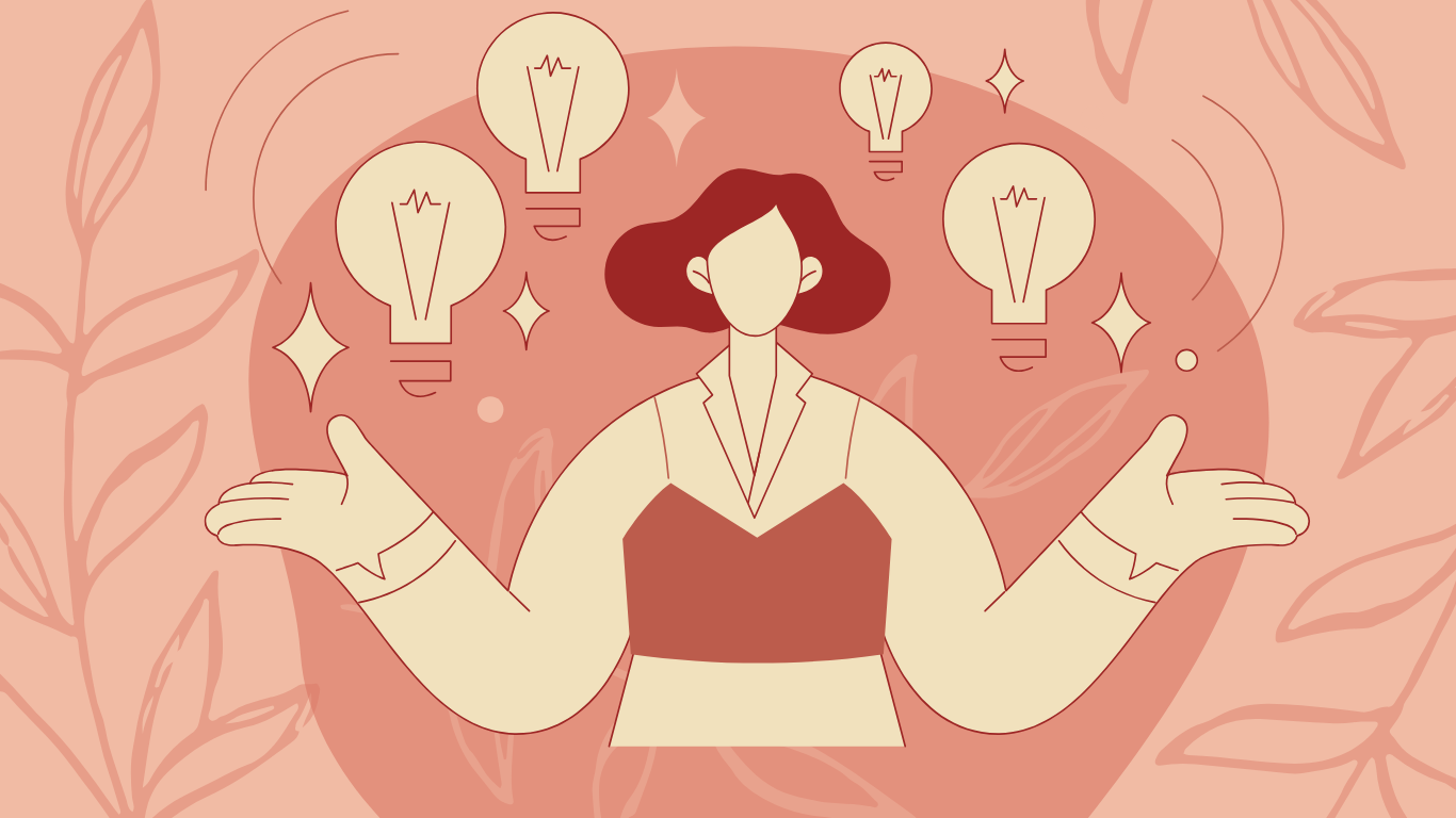 a graphic of a woman with her hands out and light bulbs around her like she is having new ideas in shades of pinks and reds