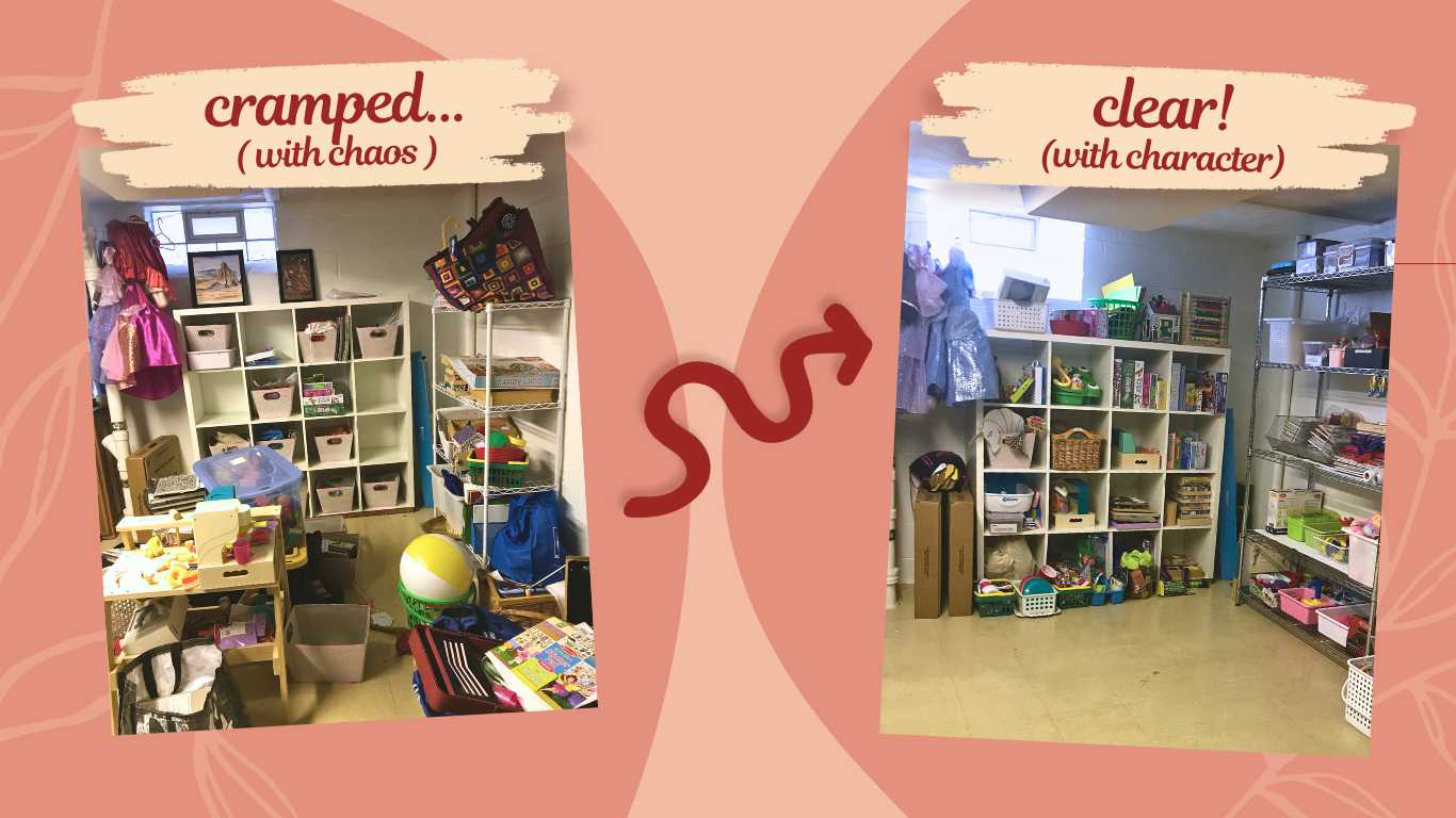 Cluttered toys in a basement with shelves to an after picture of the same area with a clear floor and everything put away with the titles cramped and then clear