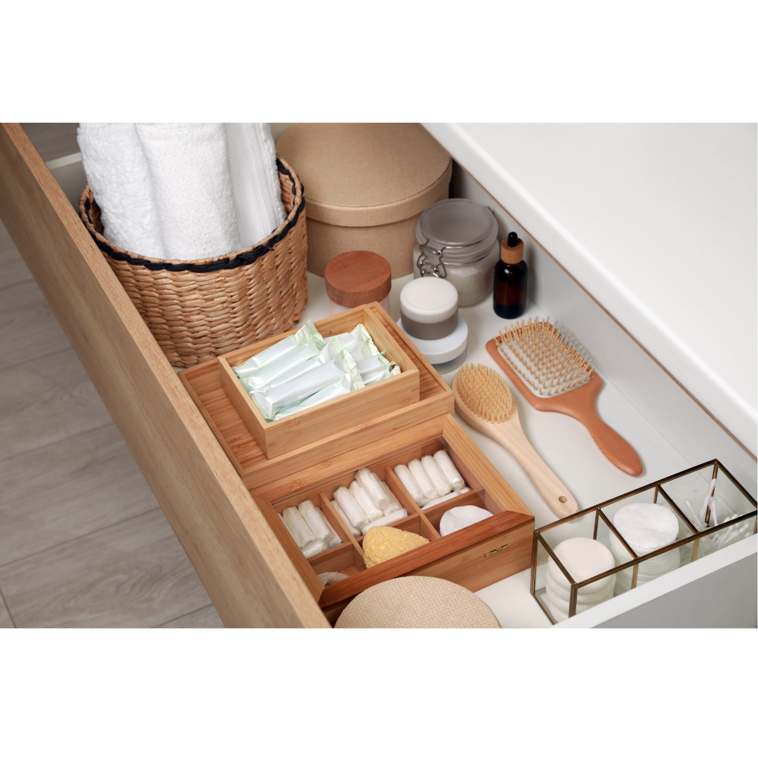 Drawer of organized bathroom supplies