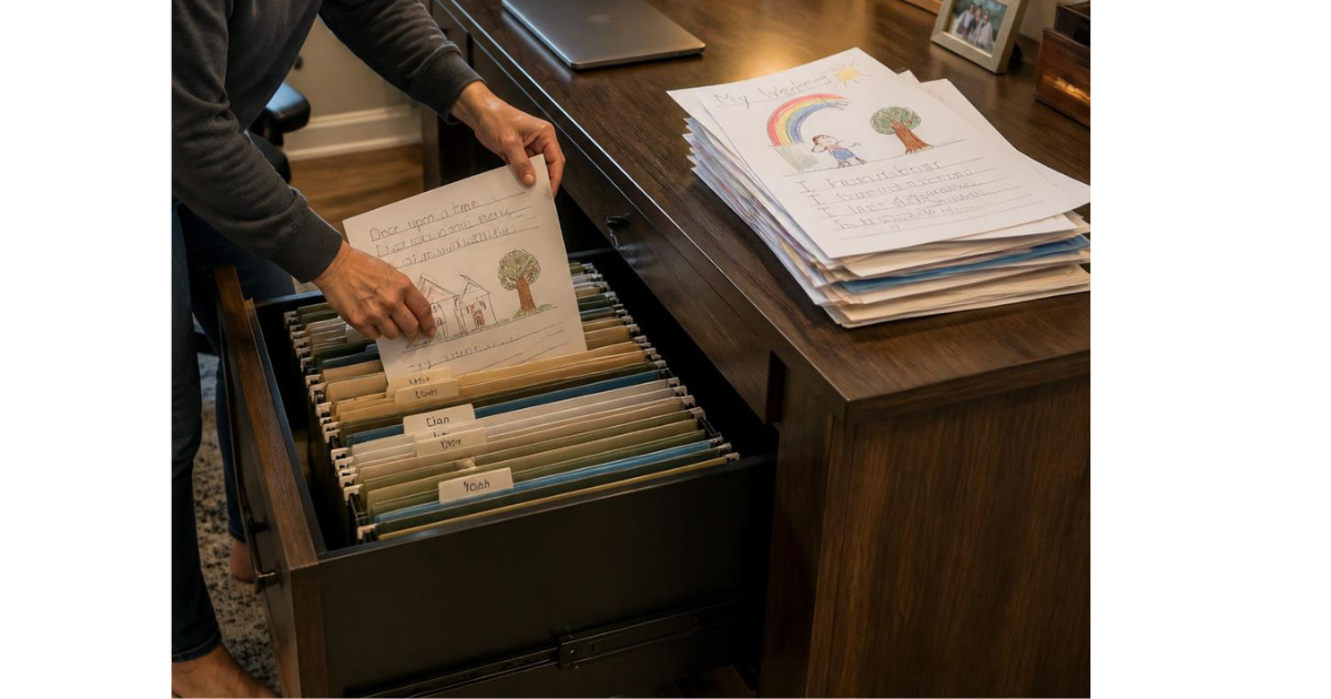 Two hands and an open file drawer, a stack of papers with childrens drawing on the top, the hands are holding a paper with a childs drawing and writing and putting it into the file drawer