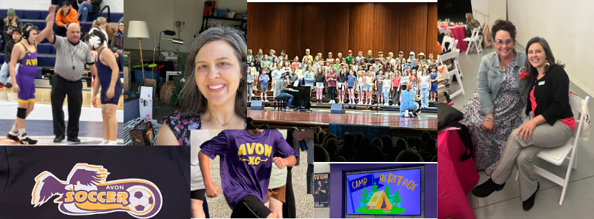 A photo collage showing a wrestler in an Avon uniform with the ref holding his hand up, an Avon soccer logo, an Avon XC shirt, a drawing of a tent with the words camp heritage, a school performance at Avon High School, and pictures of Devon