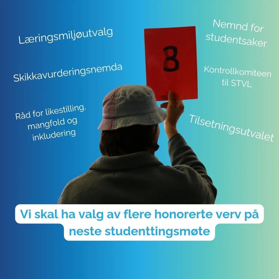 Vi gj&oslash;r oss klar til neste studenttingsm&oslash;te om en uke og h&aring;per du vil v&aelig;re med! Under m&oslash;te skal vi ha flere valg og her f&aring;r dere mer informasjon om v&aring;re honorerte verv!🙌❤️

Bli med p&aring; laget for &ari