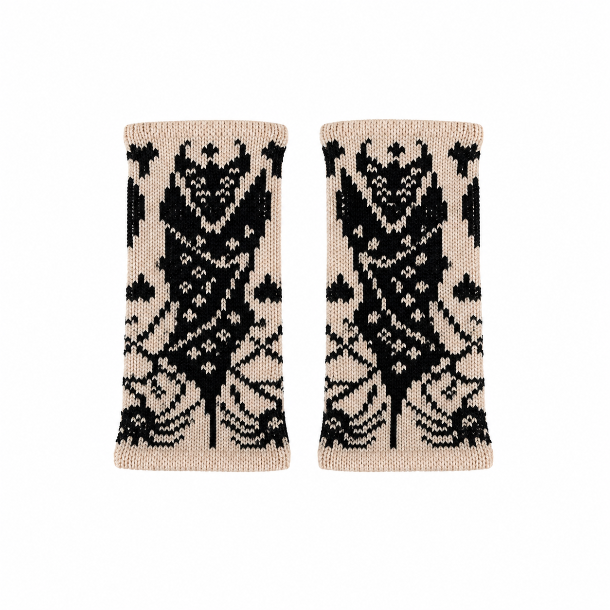 Dreaming Bats merino wool fingerless mittens in oat and black