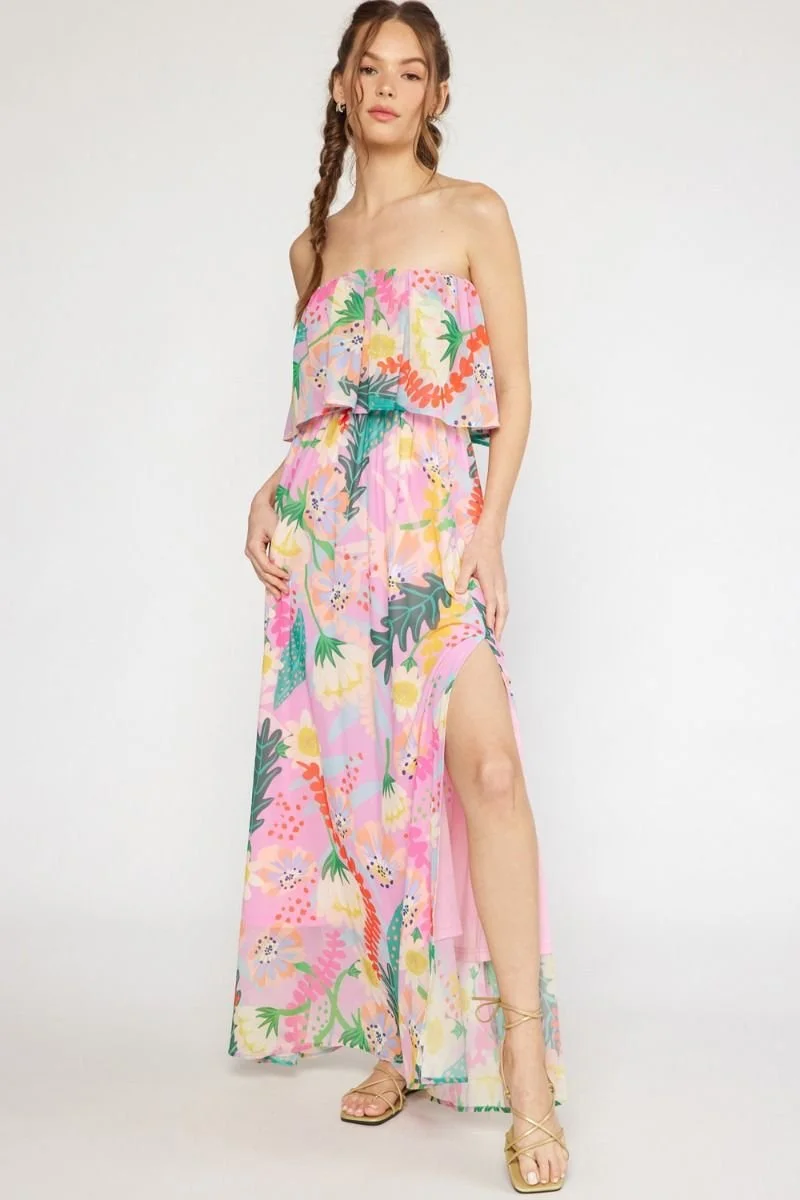 knee length dresses for ladies Entro Entro Gingham Print Flutter Sleeve Square Neck Maxi Dress Purple Pink Medium | Sz: M main image 1