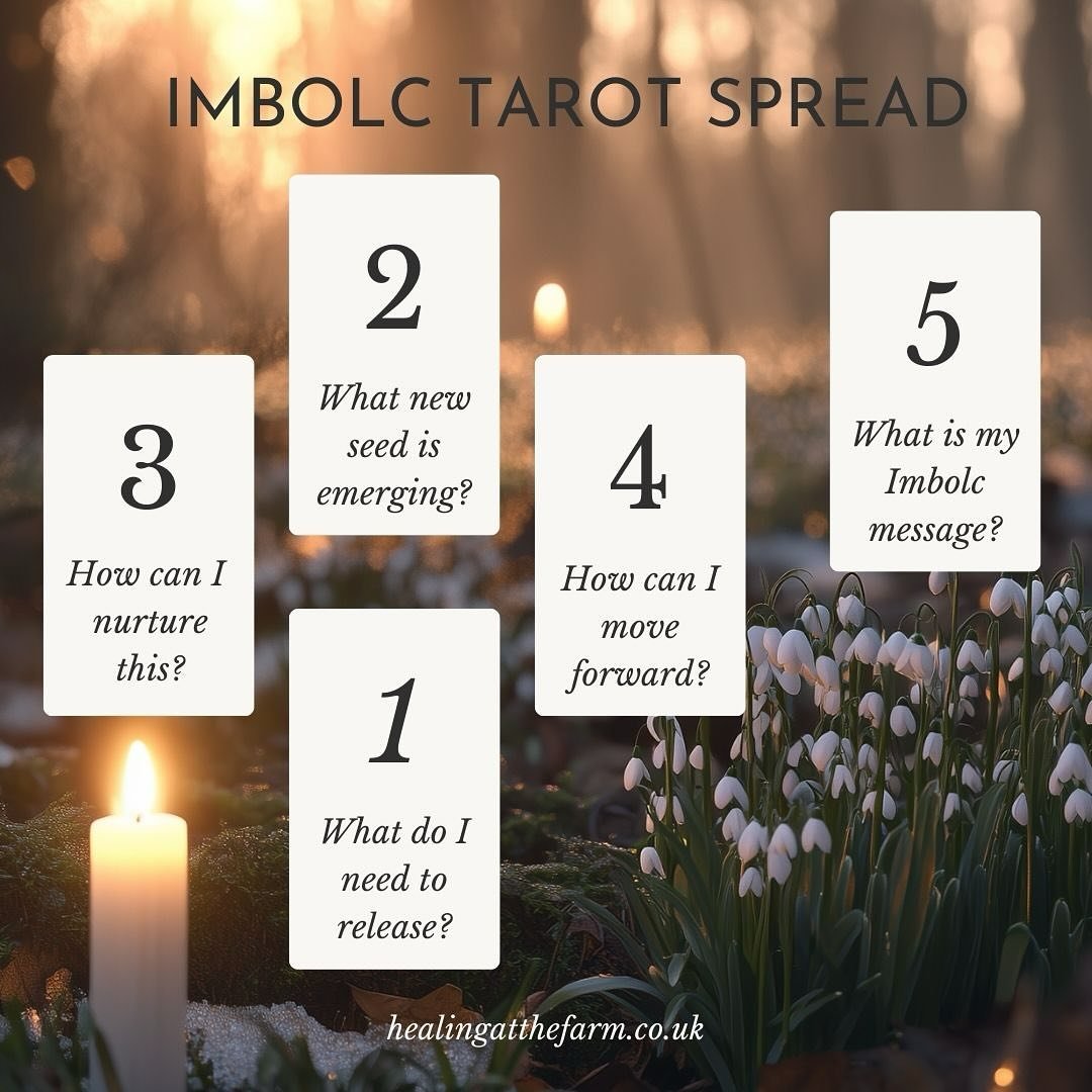 Imbolc Tarot Spread for a fresh start 🌱✨ 

The light is returning, the first signs of spring are stirring, and Imbolc is the perfect time to reflect, release, and set intentions for the season ahead. 

This five-card spread is all about clearing spa