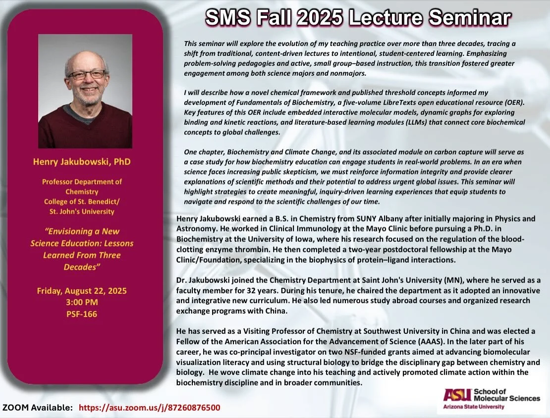 It was a great pleasure hosting Prof. Henry Jakubowski as our first Fall 2025 seminar speaker! Henry talked about Envisioning a new science education based on his three decades of experience teaching chemistry and molecular sciences. It was engaging 
