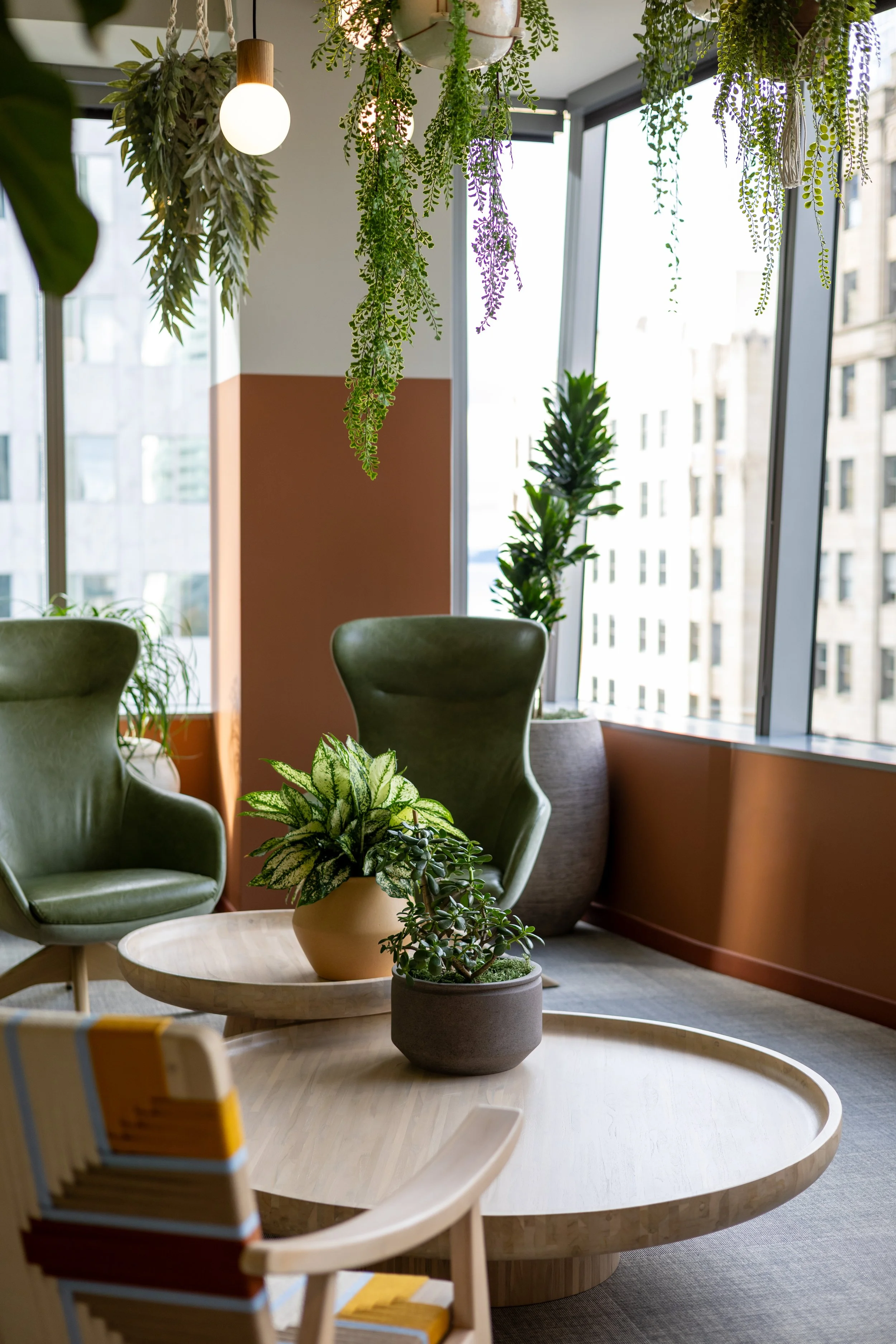 Biophilic lounge in modern workspace office