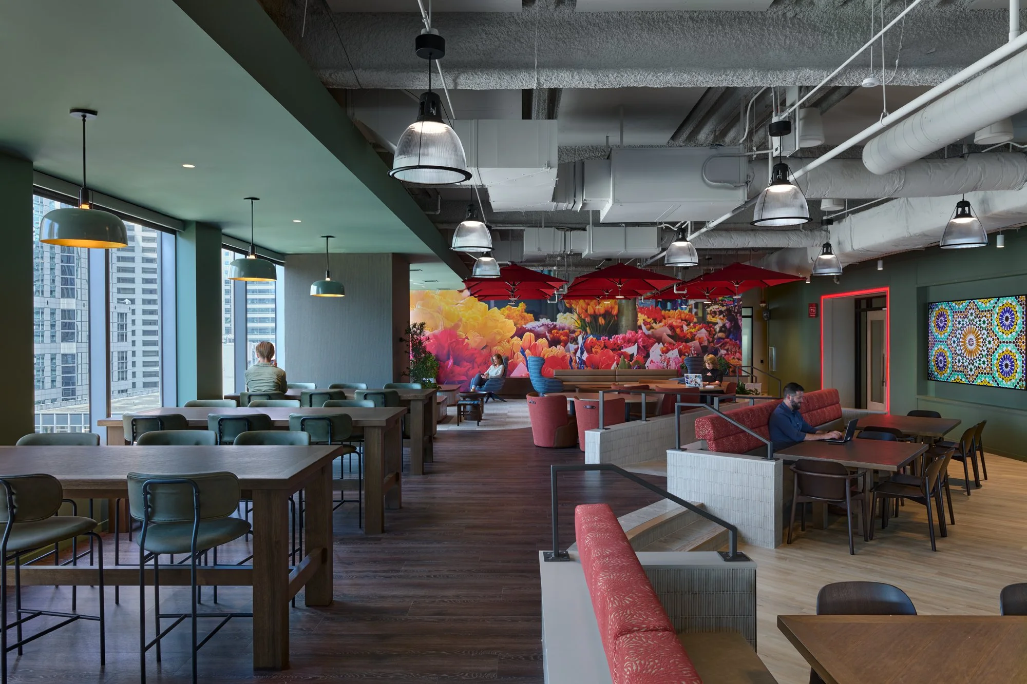 All hands meeting room for team meetings. Colorful space featuring floral design