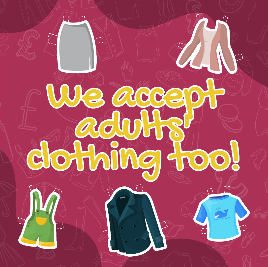 We always get asked the same question...

&quot;Do you take adult clothing too?&quot; 🤔 

And the answer is 100% YES! 

We take any clothes, textiles, and shoes that you're willing to recycle! 

Just make sure they're bagged and placed into one of o