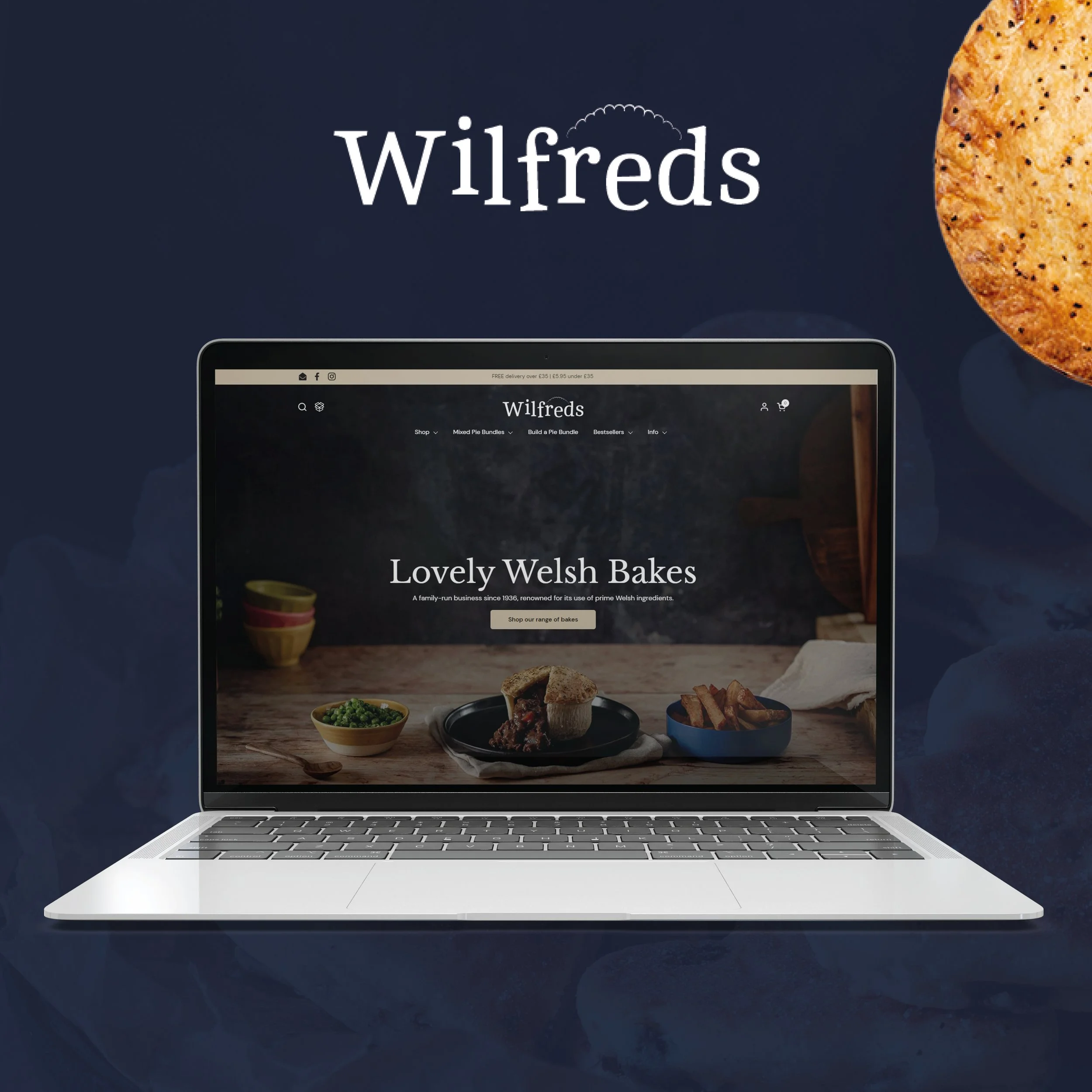 Visual collage displaying key features such as pie bundles, reviews, product pages, and gifting options