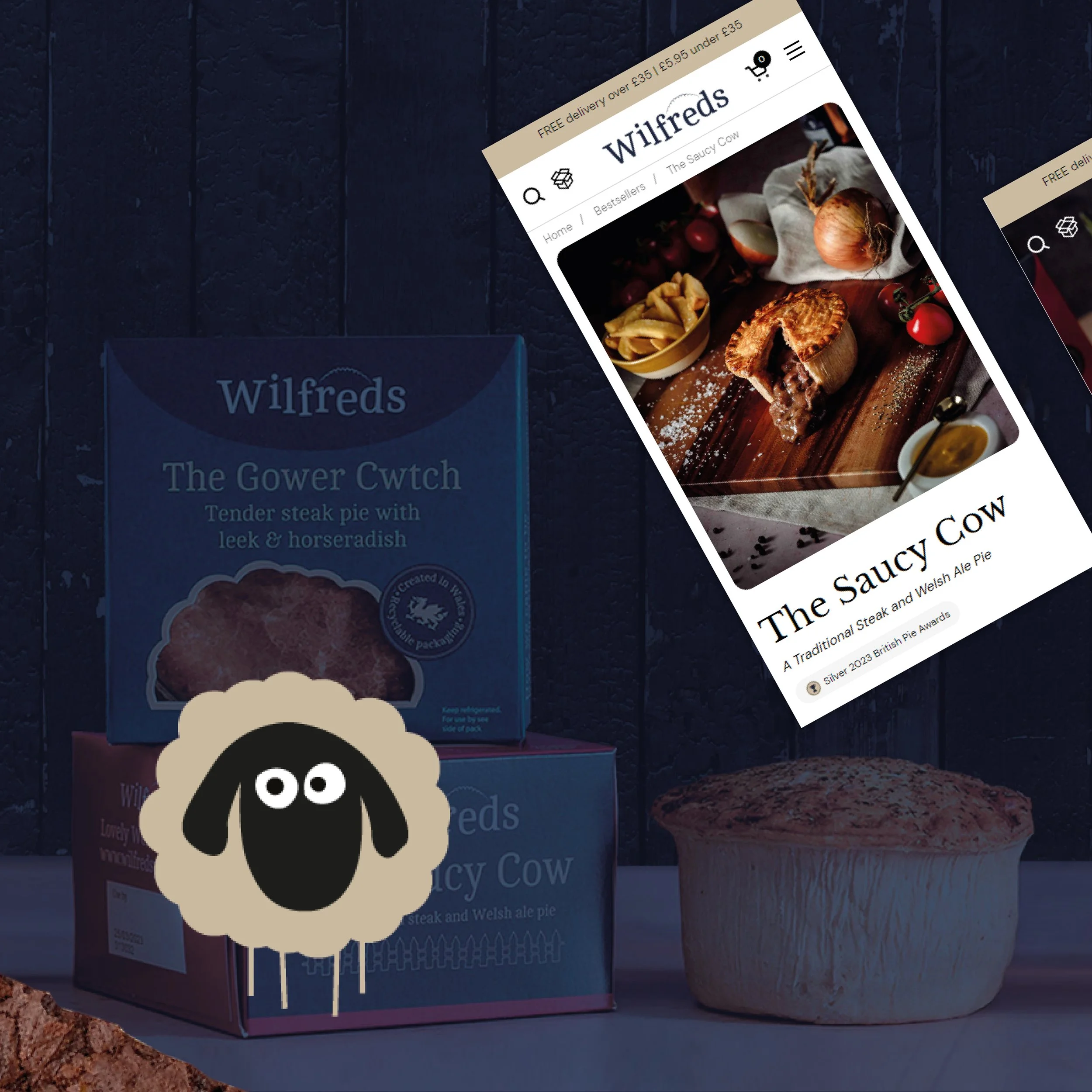 Visual collage displaying key features such as pie bundles, reviews, product pages, and gifting options