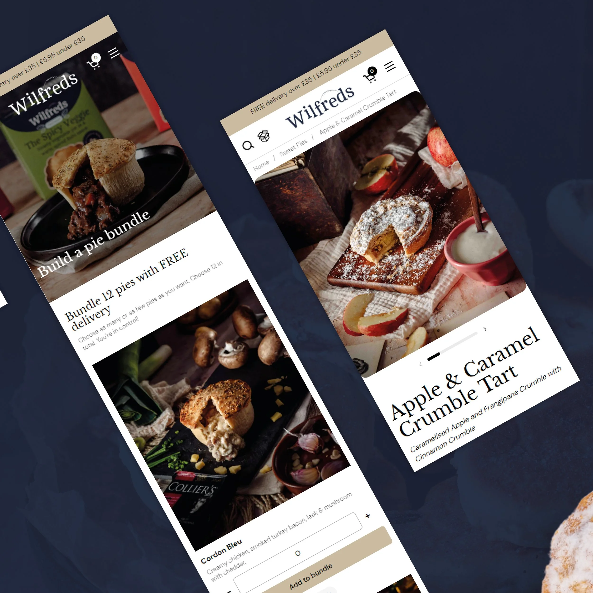 Visual collage displaying key features such as pie bundles, reviews, product pages, and gifting options