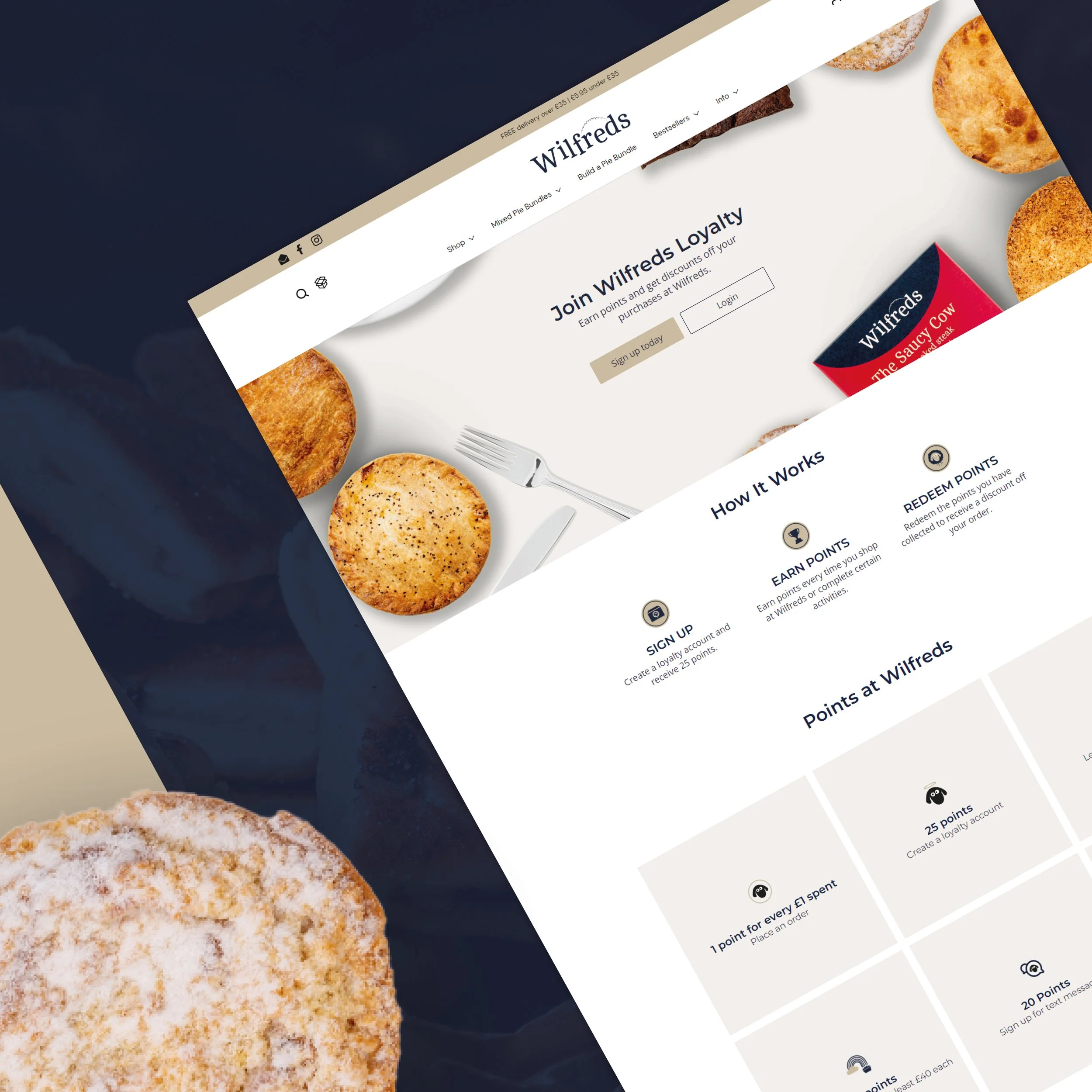 Visual collage displaying key features such as pie bundles, reviews, product pages, and gifting options