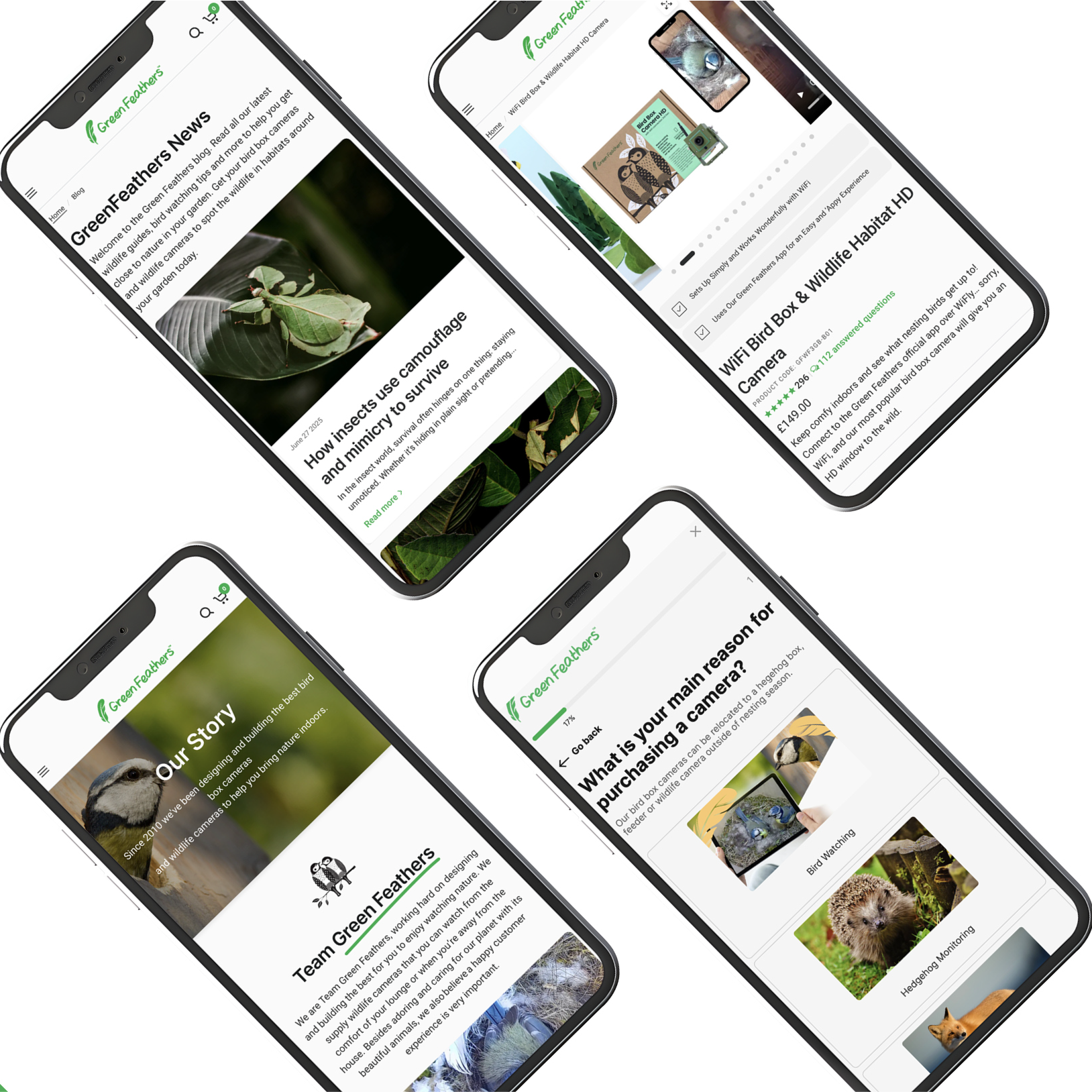 Collage highlighting product reviews, tech specs, camera footage, and improved UX elements