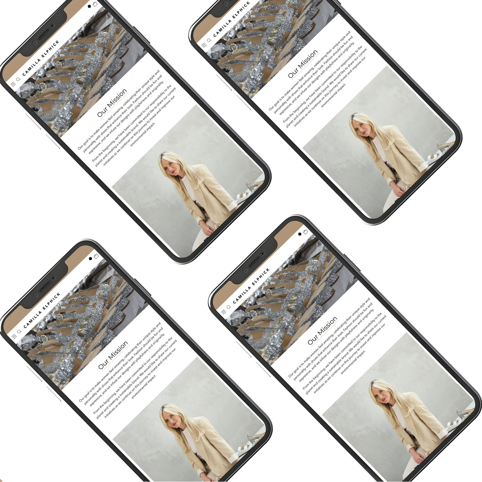 Collage highlighting key site features like wishlist, product reviews, Camilla’s Club, and upsells