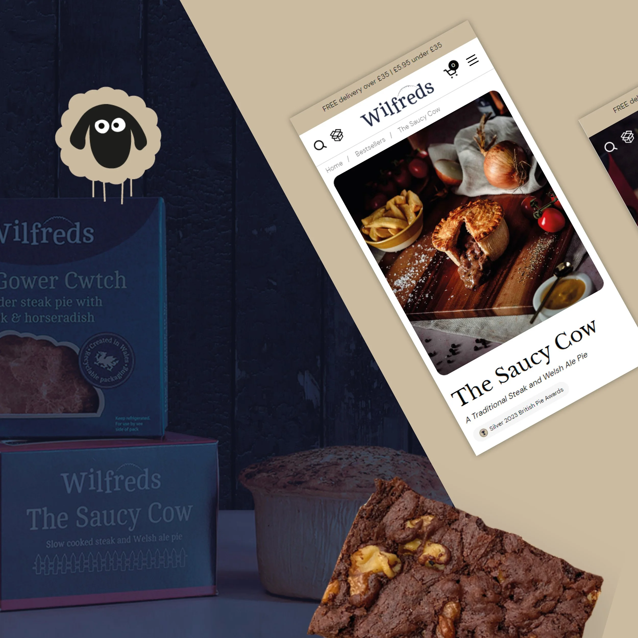 Visual collage displaying key features such as pie bundles, reviews, product pages, and gifting options