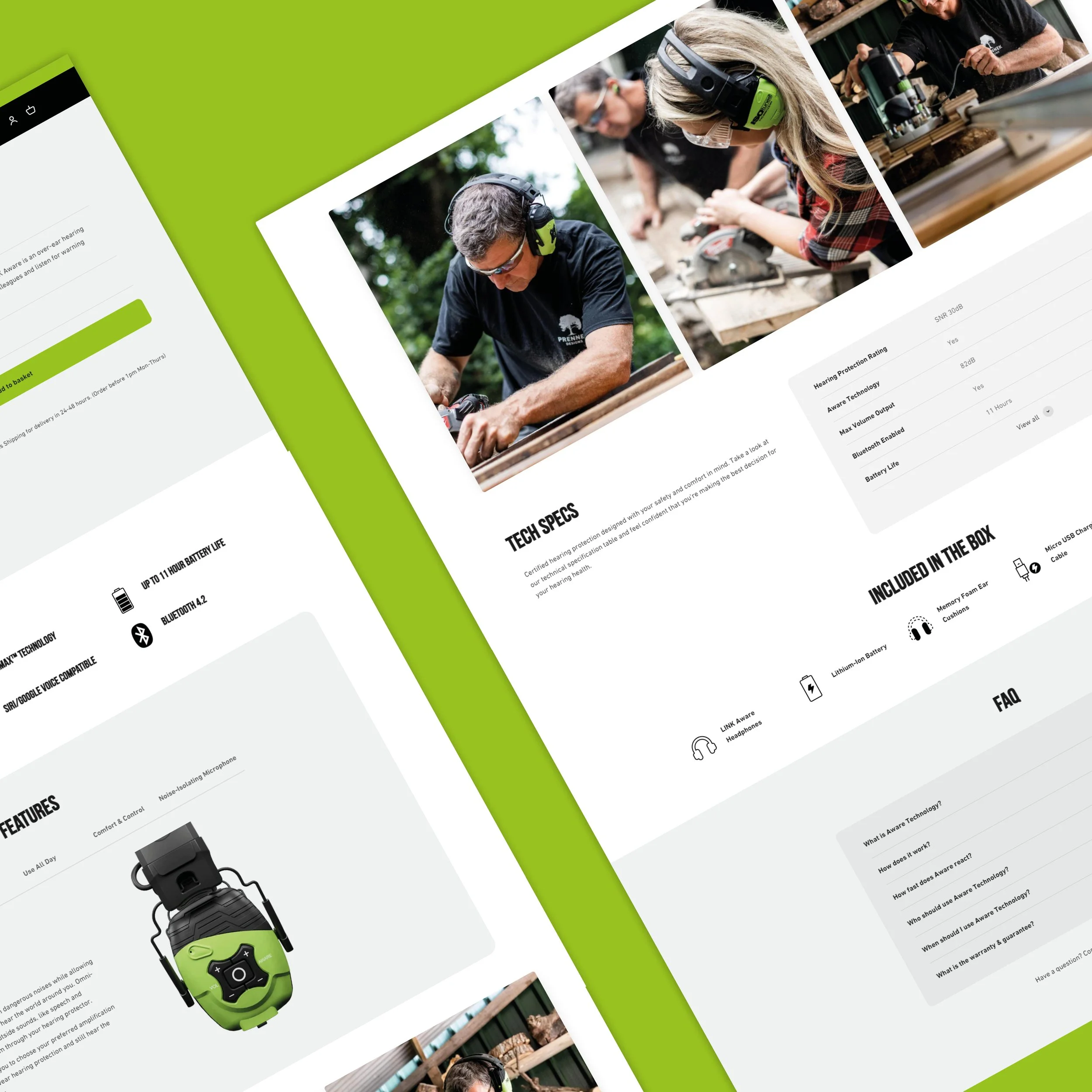 Collage showing highlights of site functionality, custom design elements, and product presentation