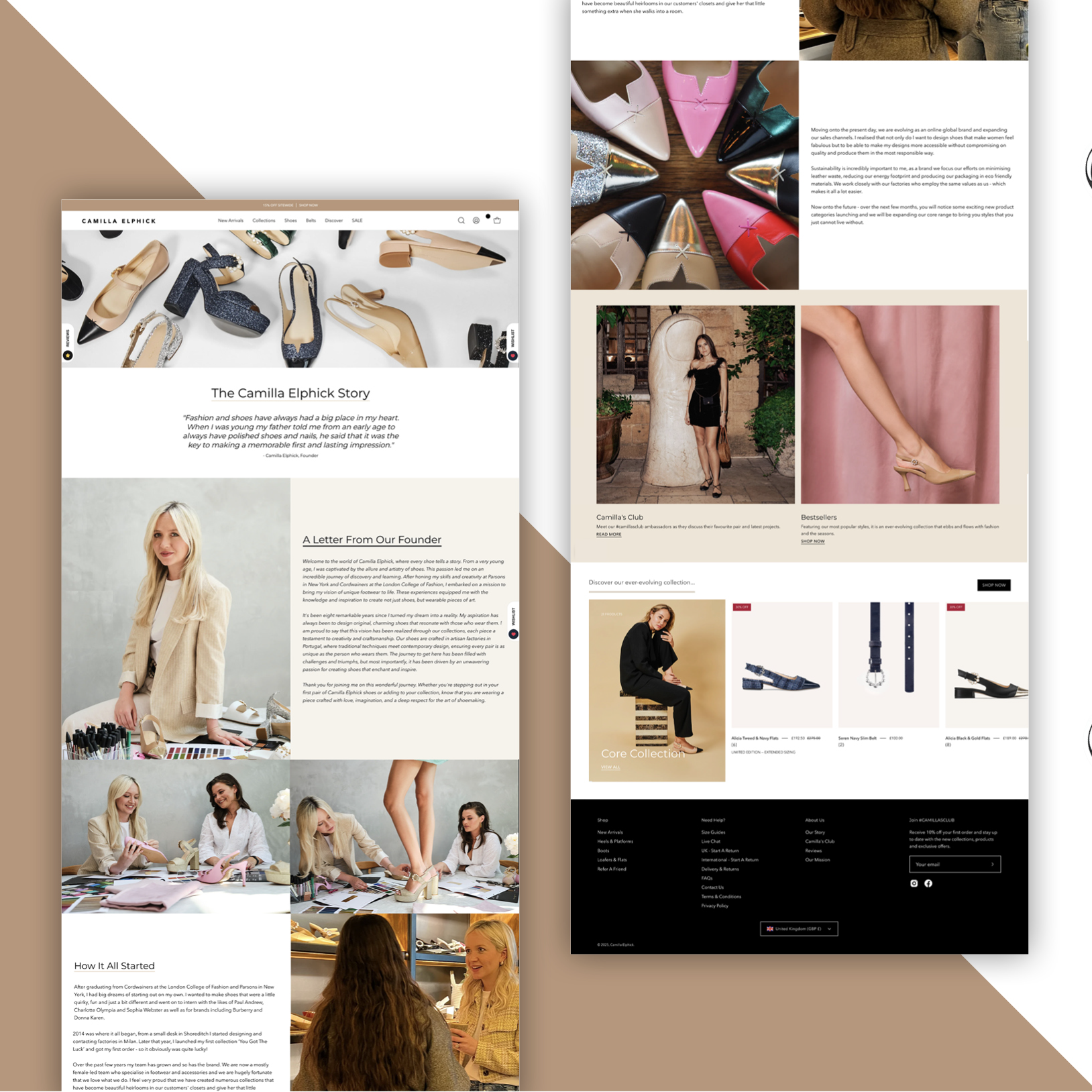 Collage highlighting key site features like wishlist, product reviews, Camilla’s Club, and upsells