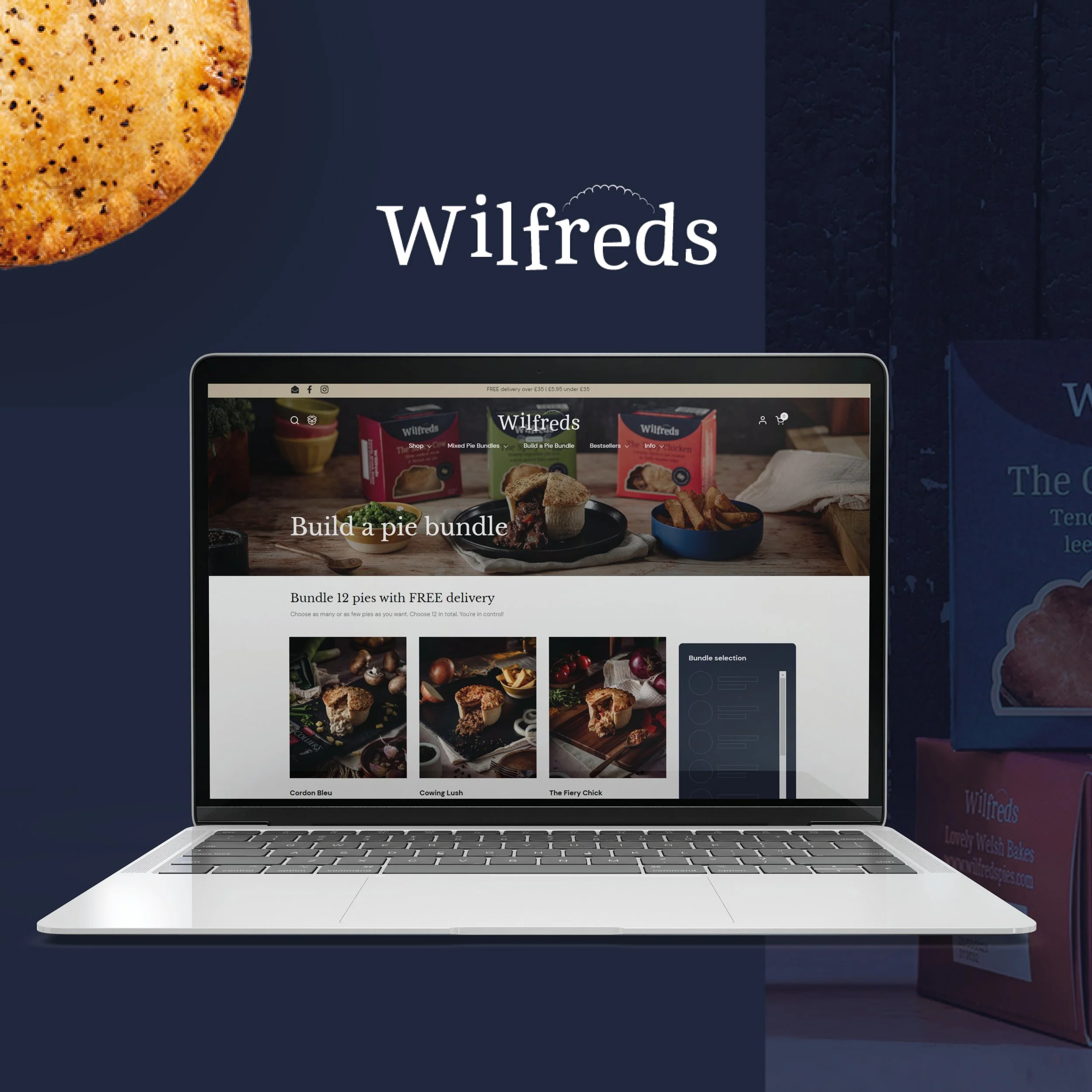Visual collage displaying key features such as pie bundles, reviews, product pages, and gifting options