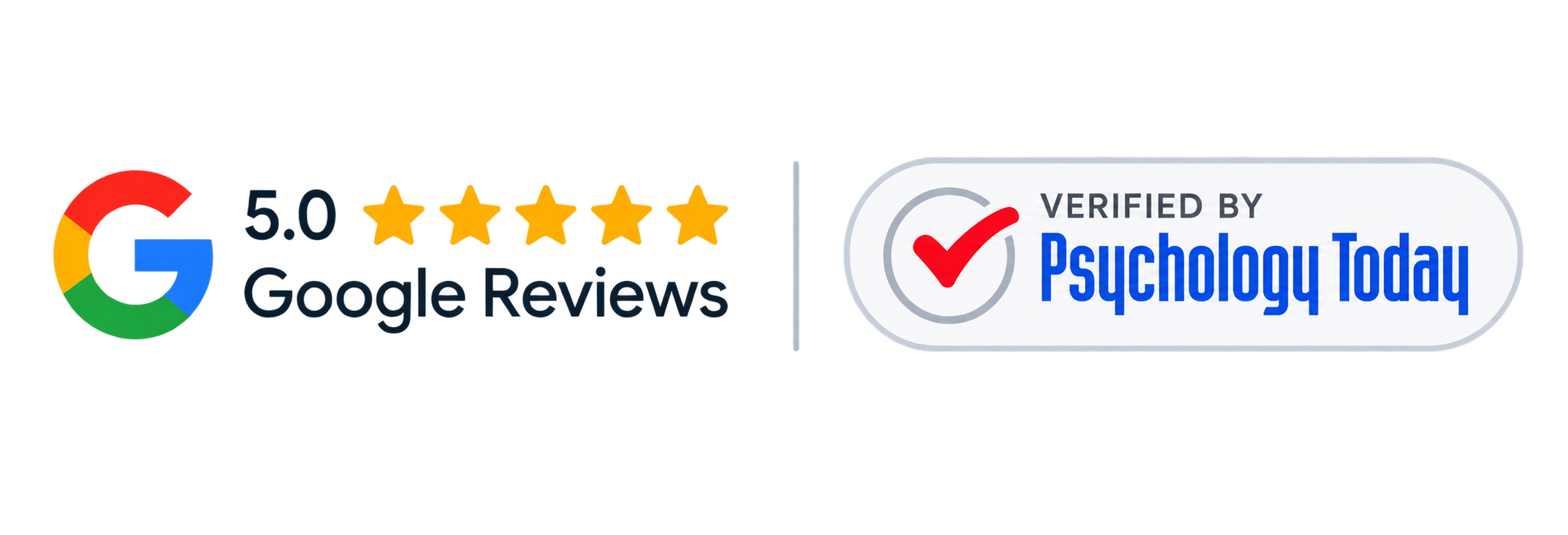 Google review badge showing a 5-star rating, the number 5.0, and the text 'Google Reviews'. Next to it, a verified badge with a red checkmark and the text 'Verified by Psychology Today'.
