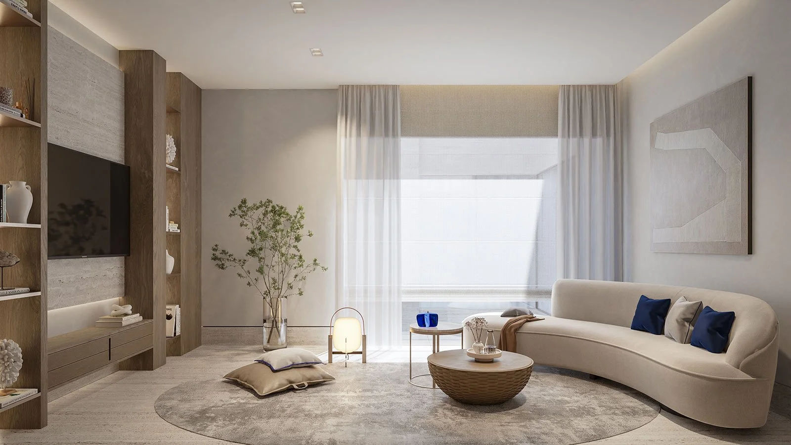 Luxury living room at Vitalia Residences, Palm Jumeirah, Dubai, featuring contemporary interior design by MIA Studio.