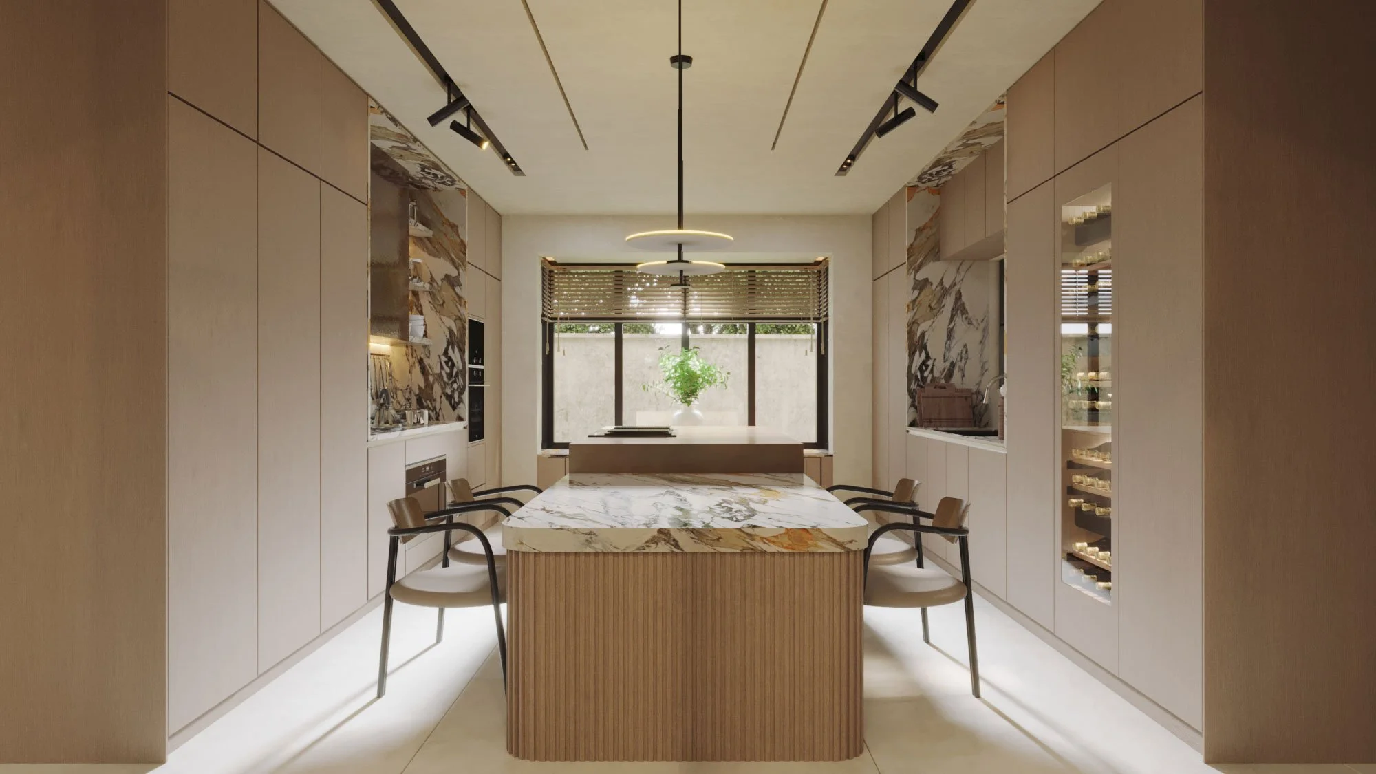 Luxury villa kitchen at Jumeirah Golf Estates, Dubai, featuring bespoke cabinetry and contemporary interior design by MIA Studio.