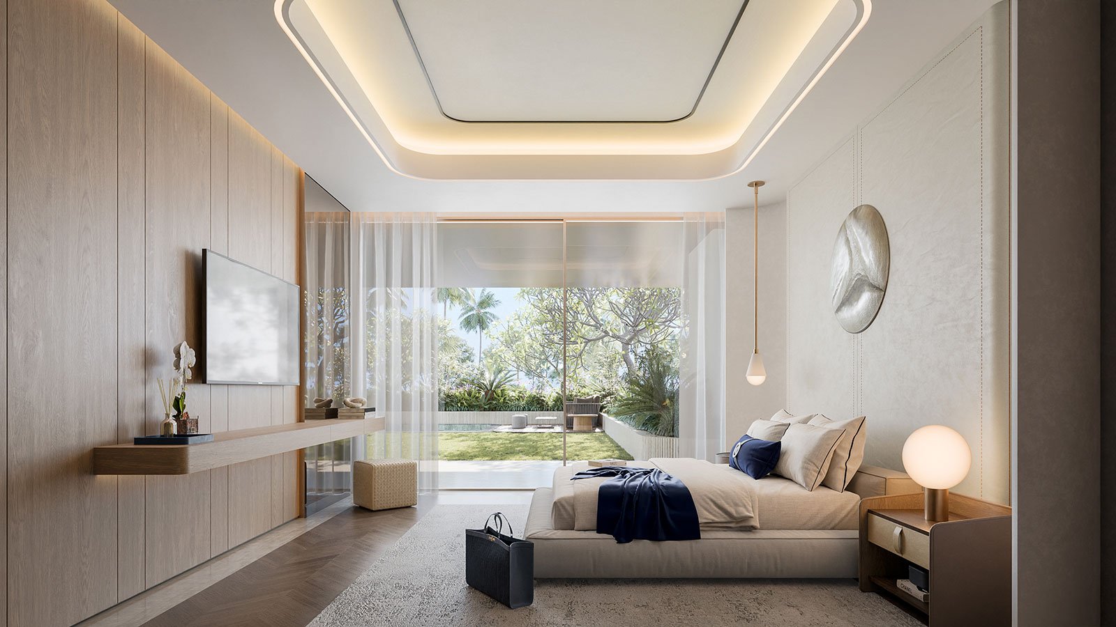 Master bedroom at Vitalia Residences, Palm Jumeirah, Dubai, with bespoke joinery and a warm neutral palette by MIA Studio.