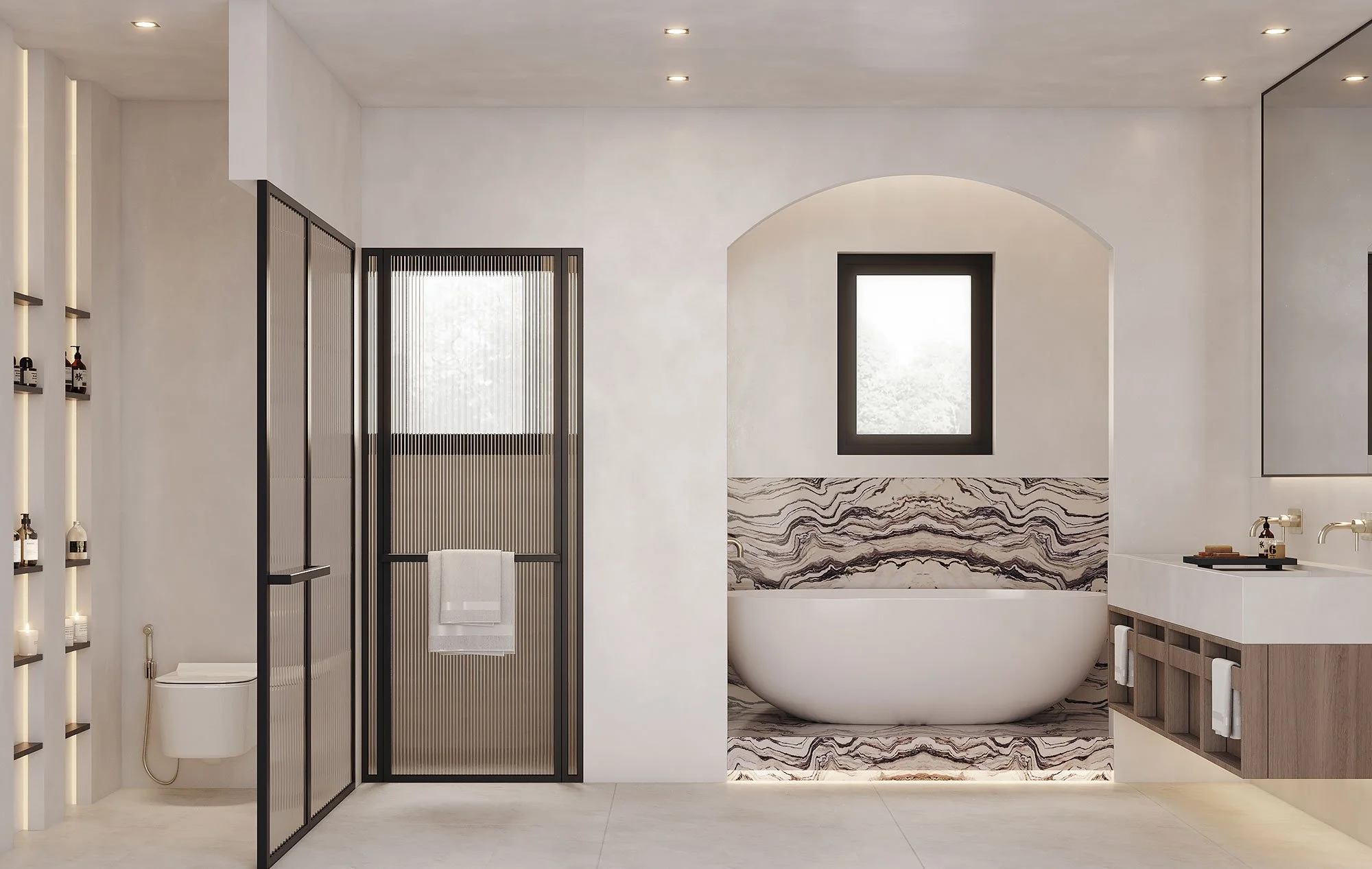 Luxury bathroom at Jumeirah Golf Estates, Dubai, featuring natural stone, bespoke detailing and contemporary interior design by MIA Studio.