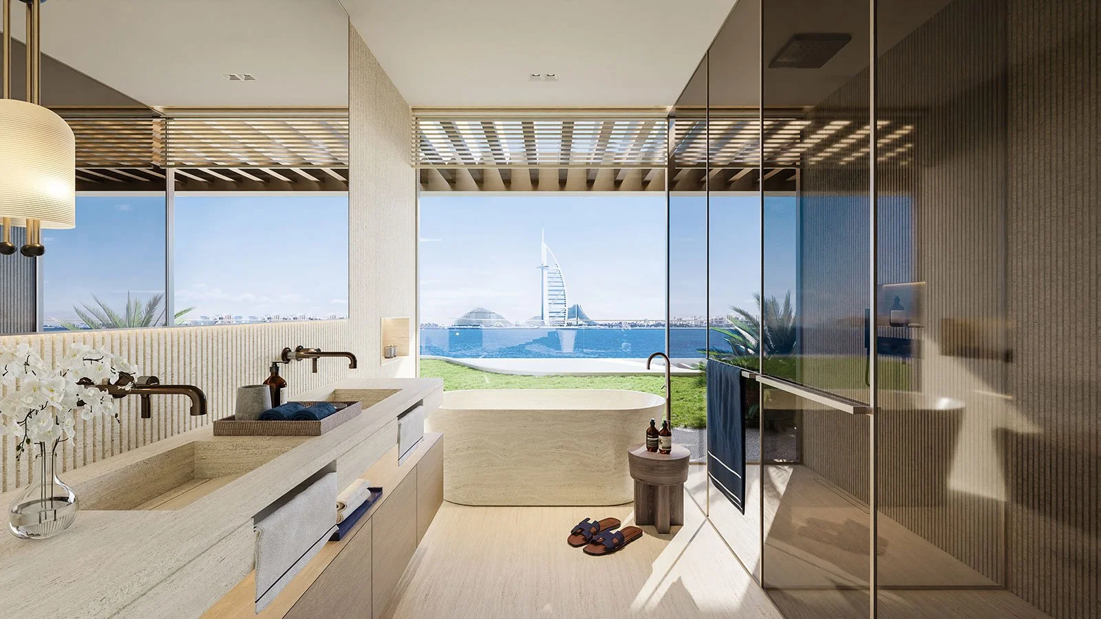 Luxury Luxury bathroom at Vitalia Residences, Palm Jumeirah, Dubai, featuring contemporary interior design by MIA Studio.