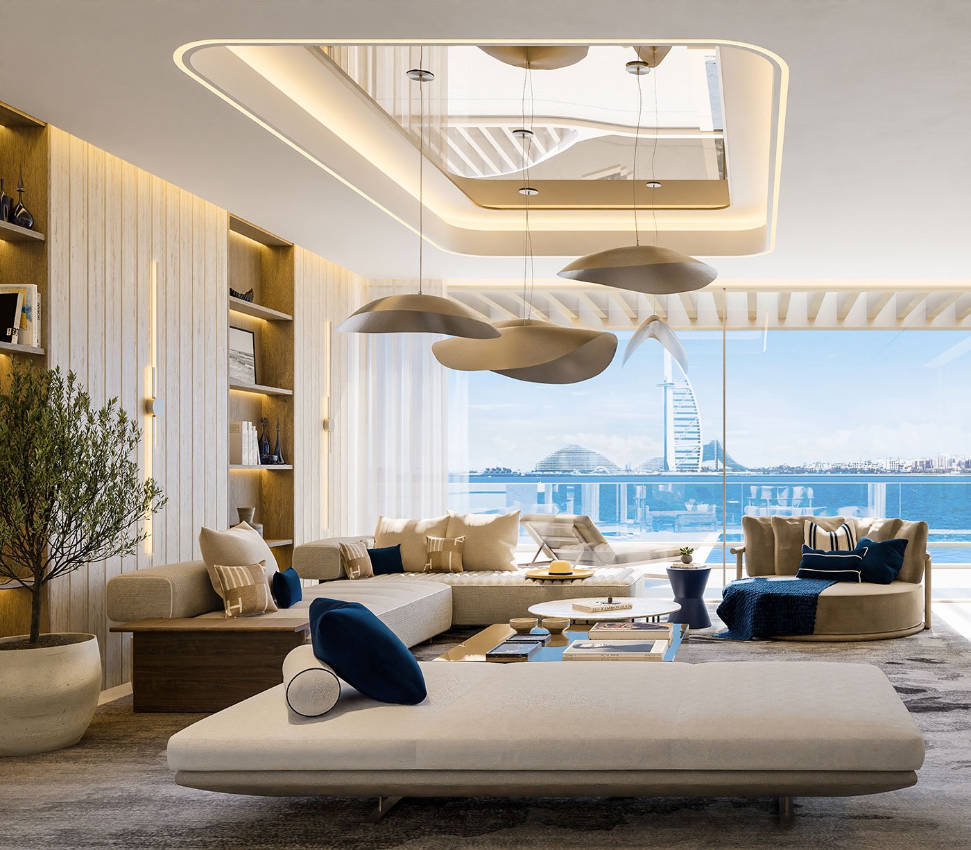 Luxury living room featuring contemporary interior design, bespoke joinery and panoramic views, designed by MIA Studio.