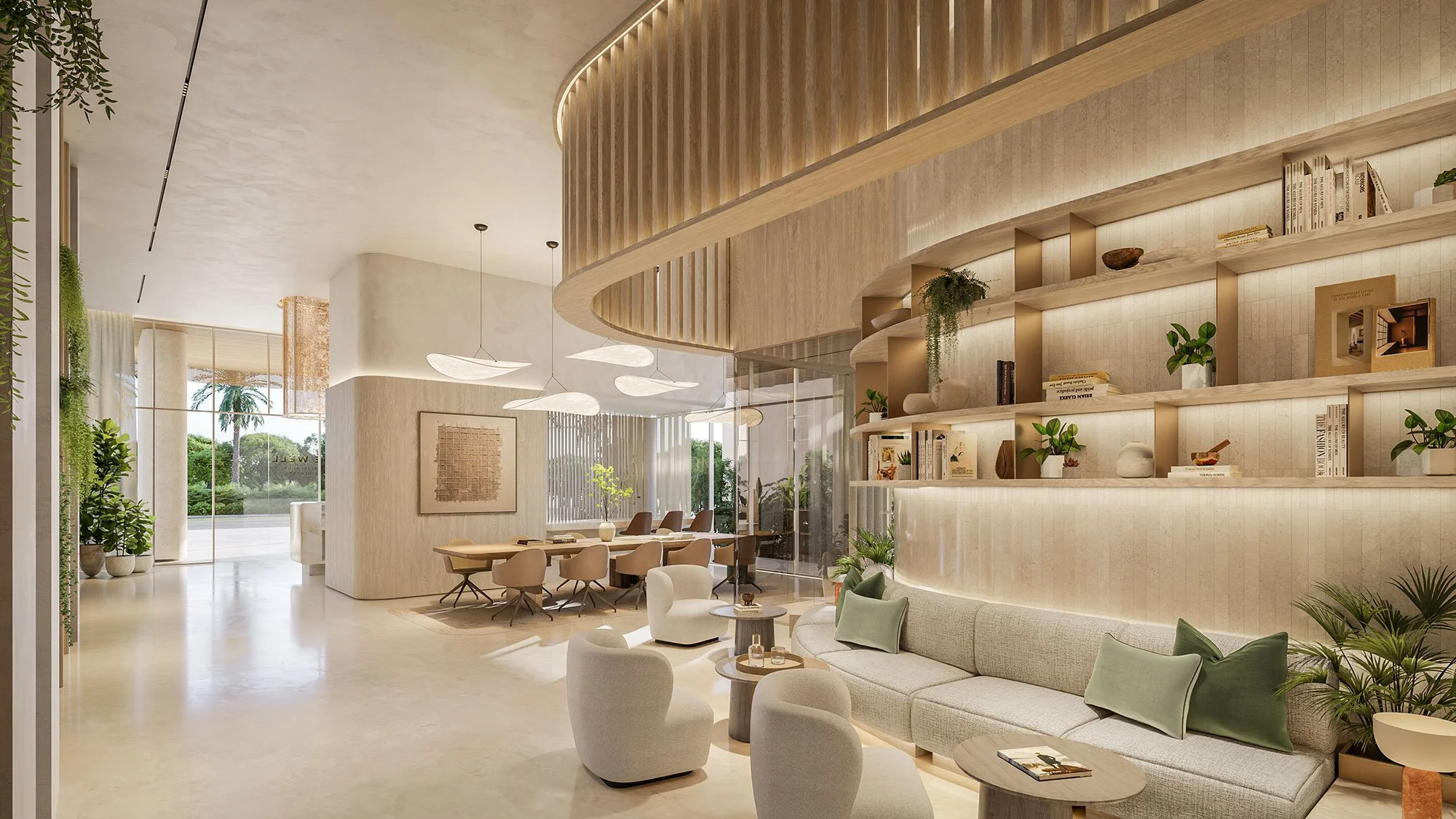 Lobby lounge interior at Avida Residences, Dubai Islands, contemporary coastal living by MIA Studio.