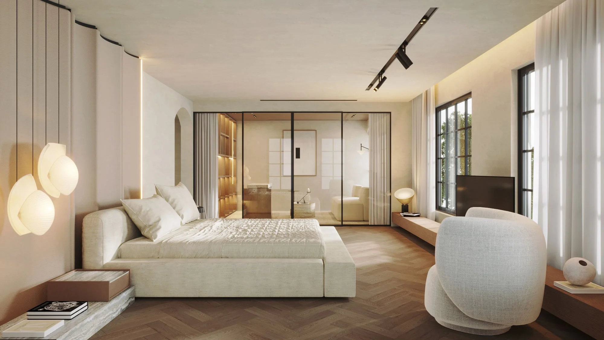 Master bedroom at Jumeirah Golf Estates, Dubai, featuring contemporary luxury interior design and a warm neutral palette by MIA Studio.