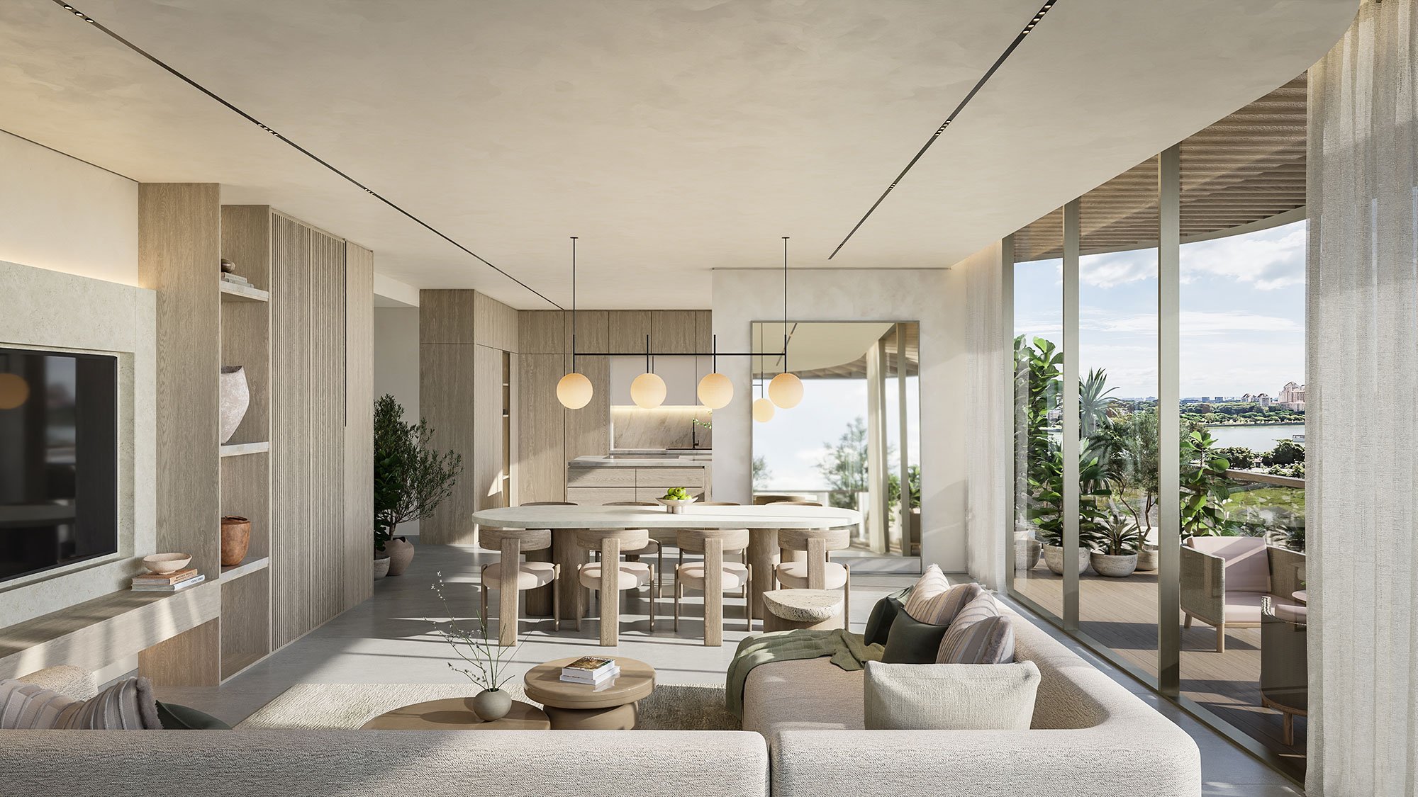Luxury penthouse living room and open kitchen interior at Avida Residences, Dubai Islands, designed with clarity, flow, and comfort in mind by MIA Studio.