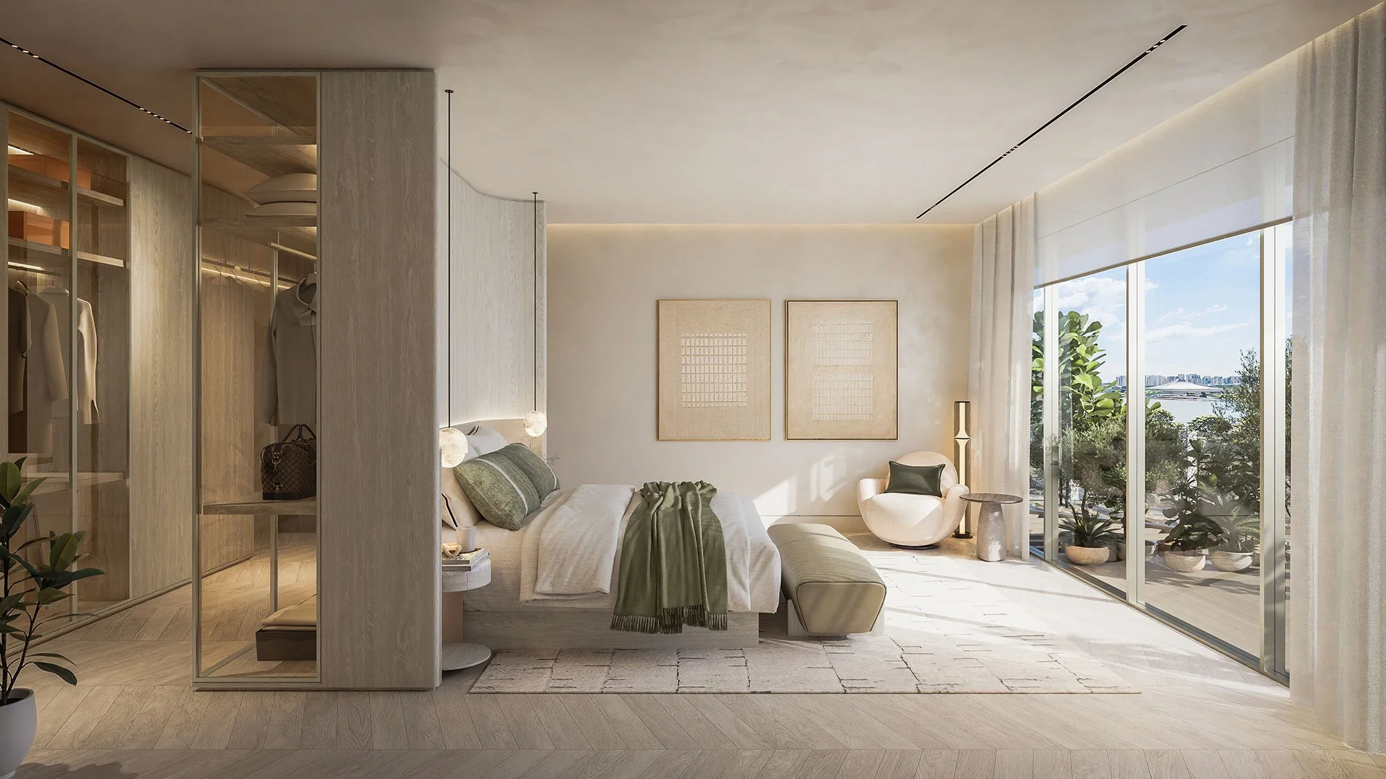 Penthouse master bedroom interior at Avida Residences, Dubai Islands, bespoke joinery and walk-in closet by MIA Studio.