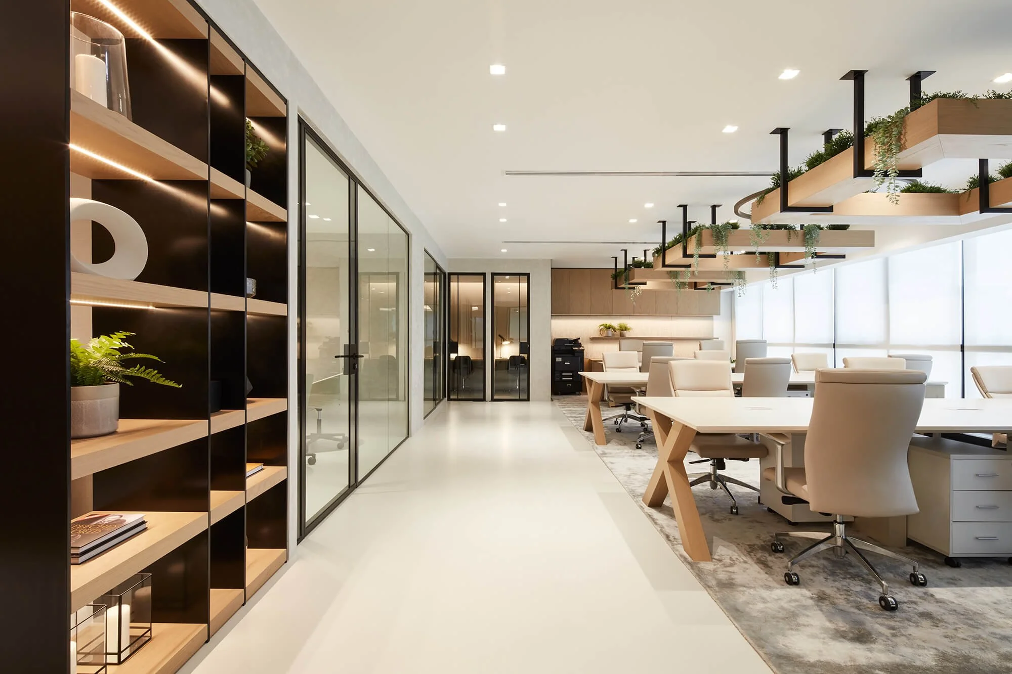 Contemporary office interior designed to create a warm, residential atmosphere with bespoke joinery by MIA Studio.