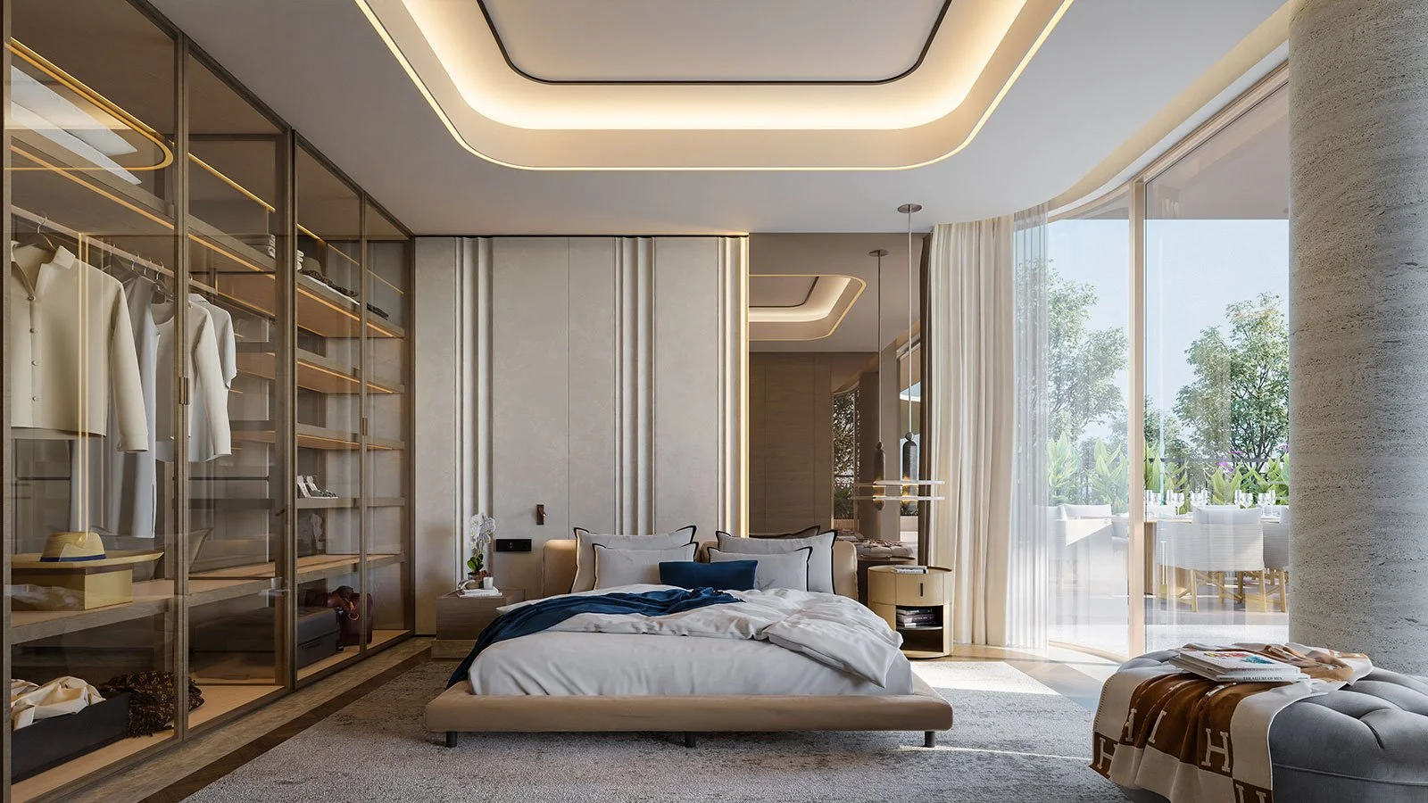 Master bedroom at Vitalia Residences, Palm Jumeirah, Dubai, with bespoke joinery and refined materials by MIA Studio.