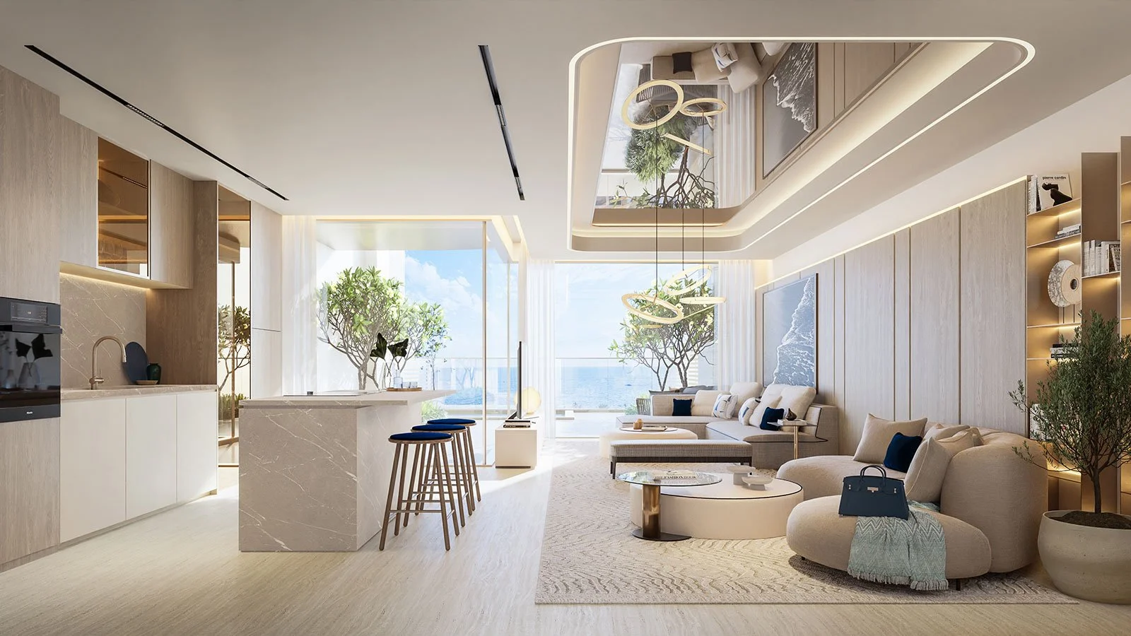 Luxury living room and open kitchen at Vitalia Residences, Palm Jumeirah, Dubai, featuring contemporary interior design by MIA Studio.