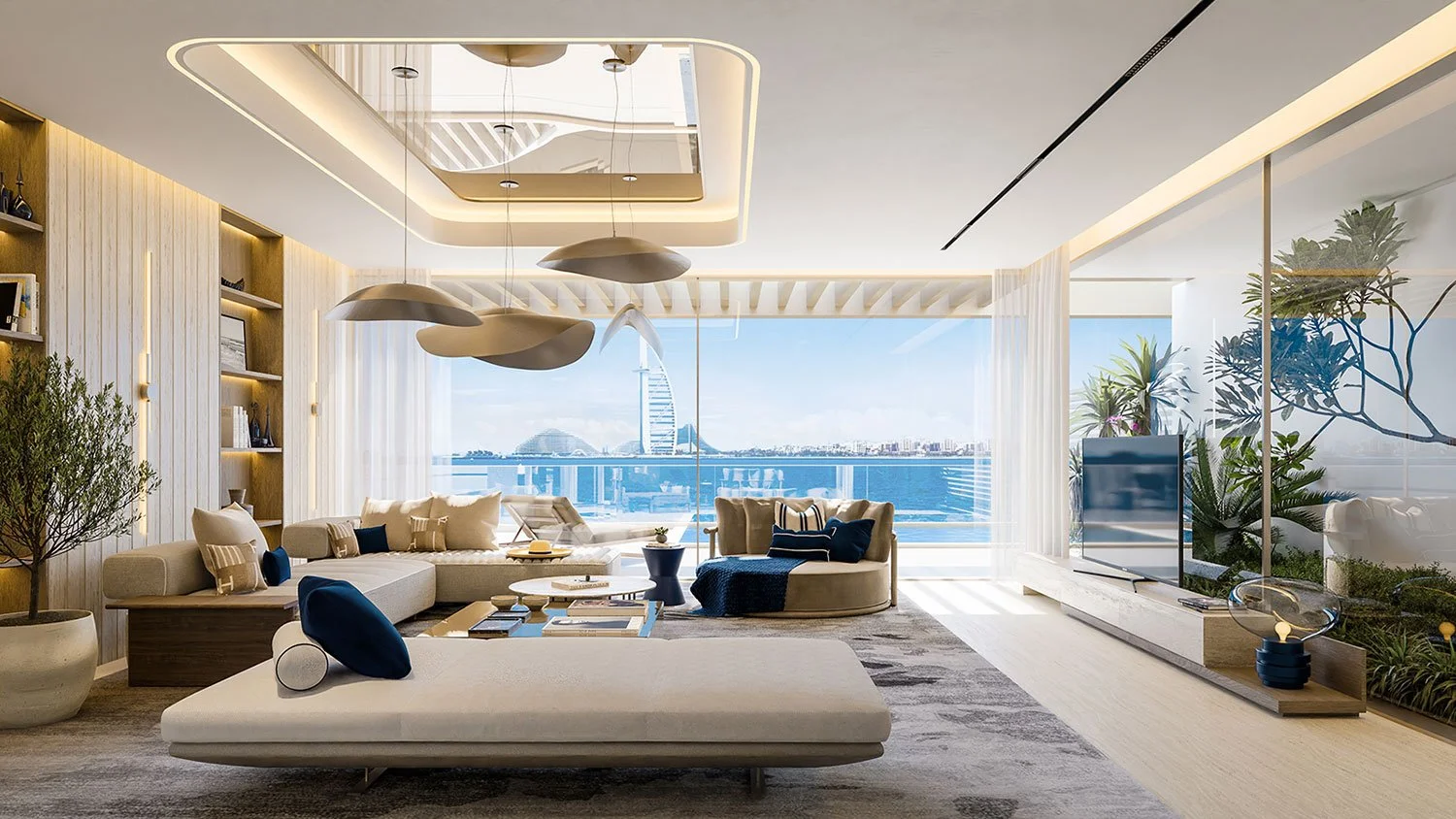 Luxury penthouse living room at Vitalia Residences, Palm Jumeirah, Dubai, featuring contemporary interior design by MIA Studio.