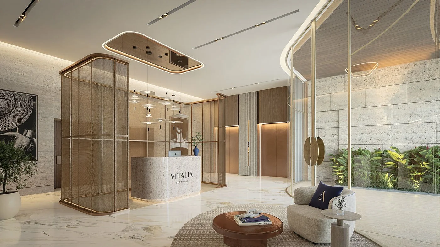 Luxury lobby at Vitalia Residences, a residential development on Palm Jumeirah, Dubai, designed by MIA Studio.