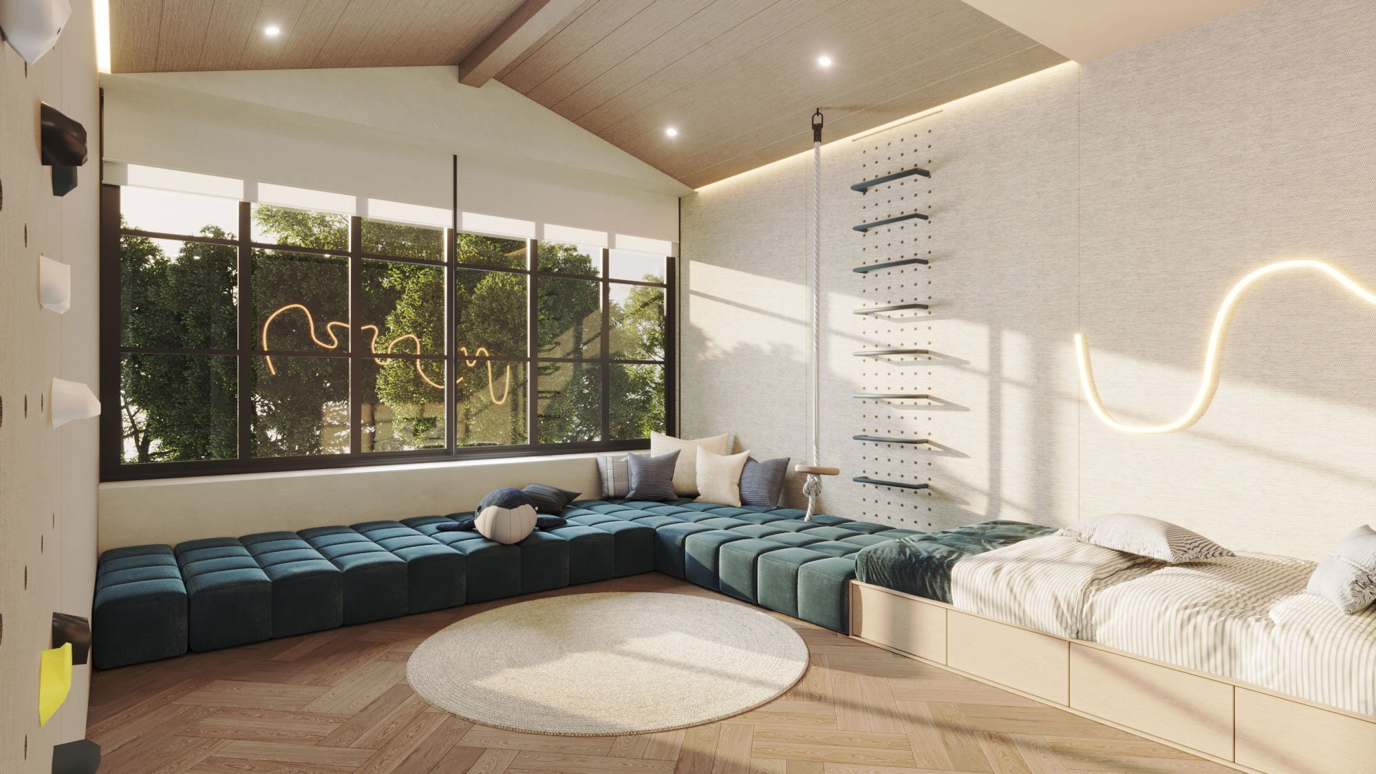 Children's bedroom at Jumeirah Golf Estates, Dubai, featuring contemporary luxury interior design, bespoke joinery and a warm neutral palette by MIA Studio.