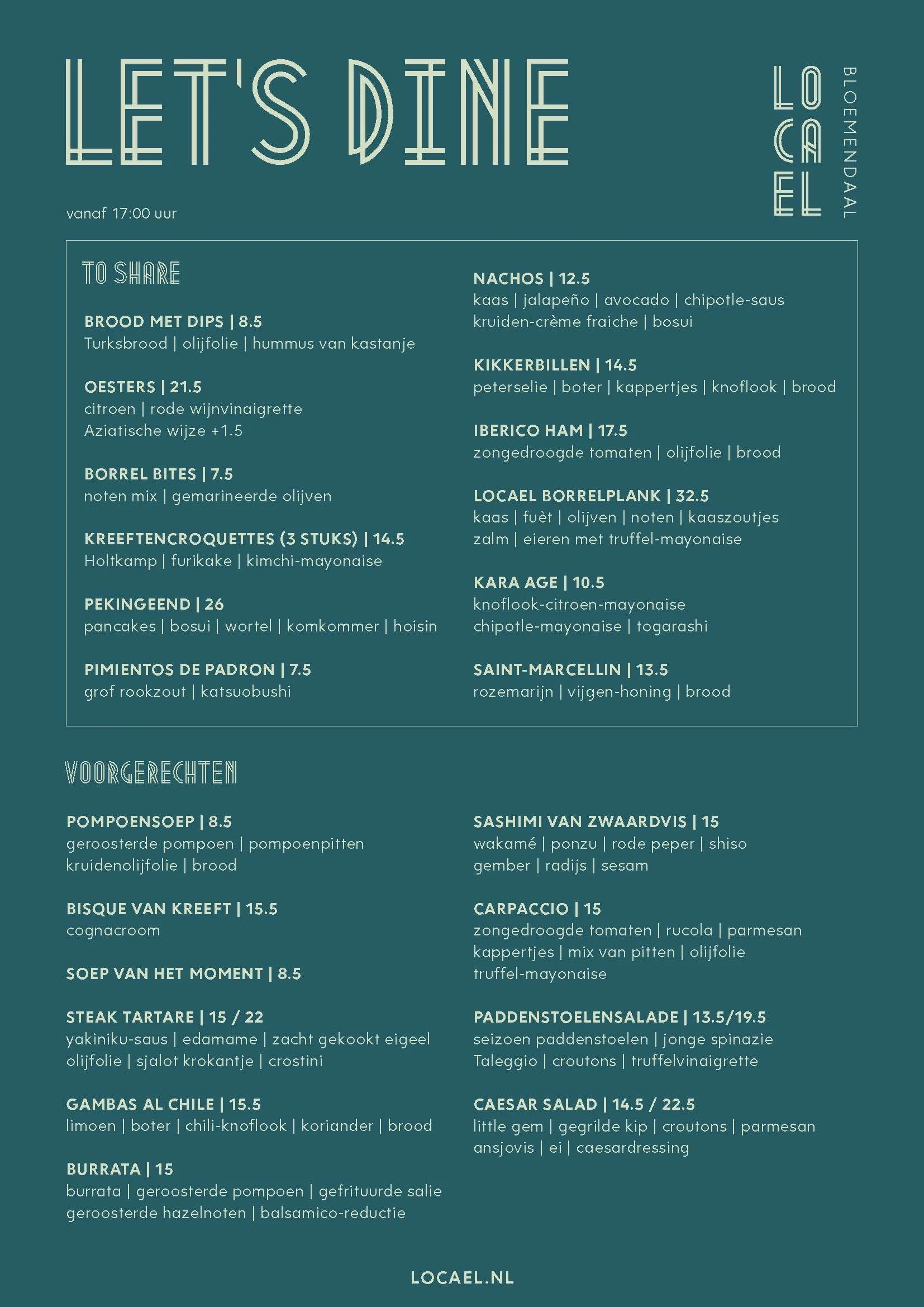Locael Bloemendaal diner menu - voorkant