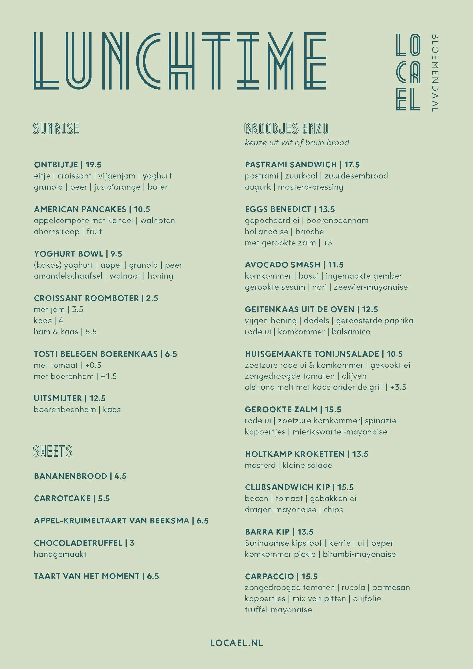 Locael Bloemendaal lunch menu - voorkant