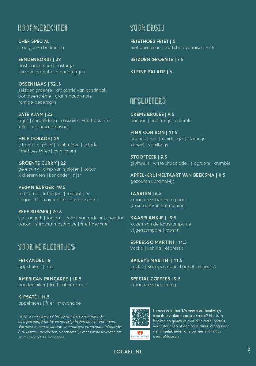 Locael Bloemendaal diner menu - achterkant