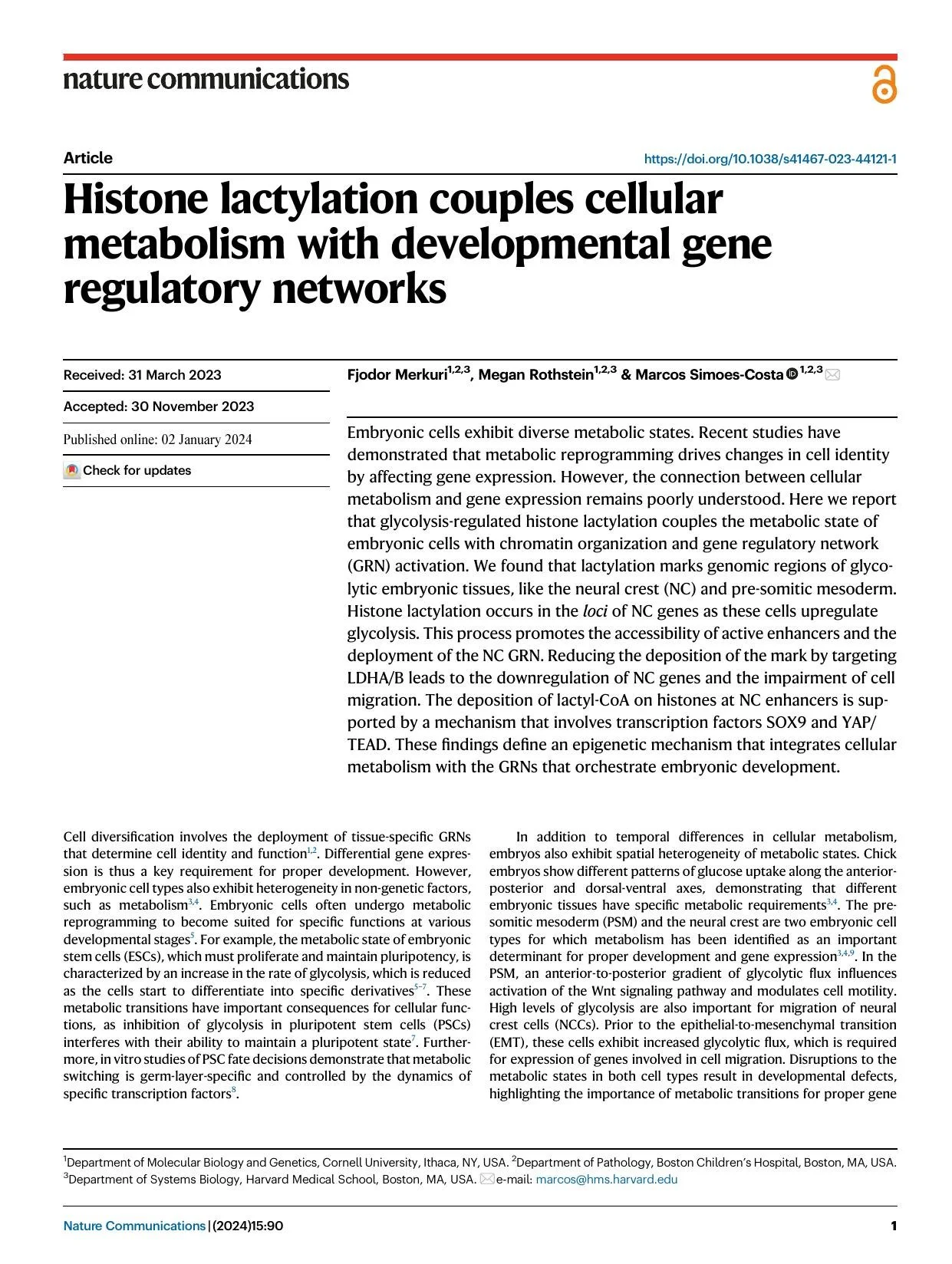 Histone lactylation couples cellular metabolism with developmental gene regulatory networks
