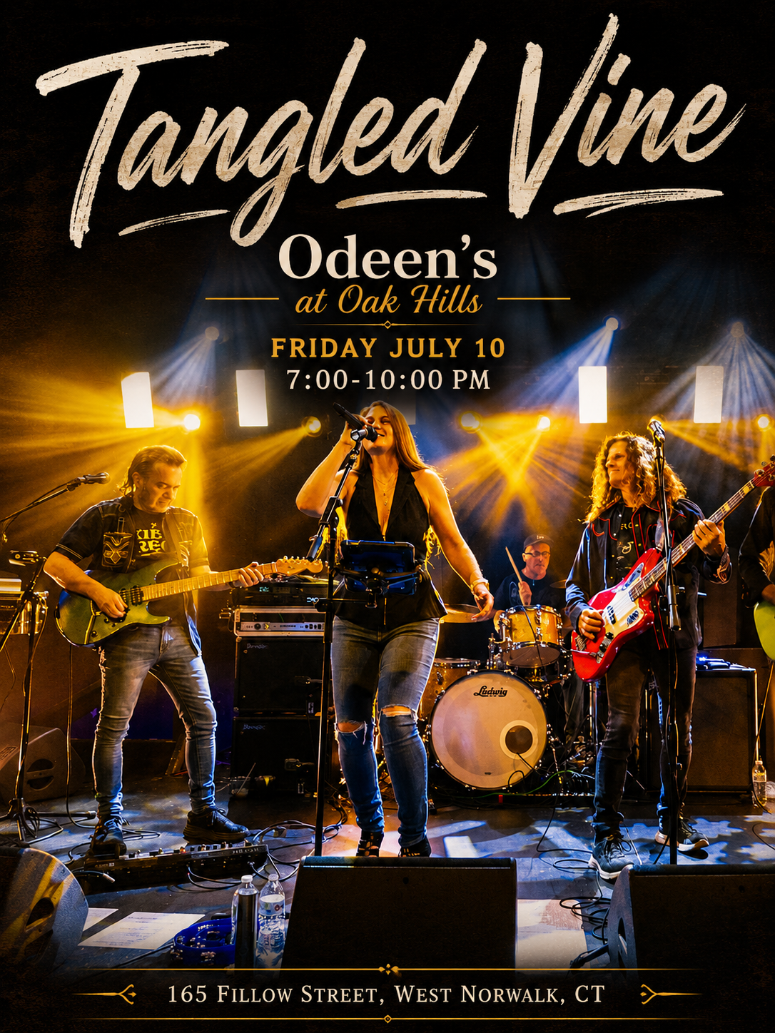 Concert poster advertising a live music event featuring a band called Tangled Vine at Odeen's at Oak Hills, scheduled for Friday, July 10th from 7:00 to 10:00 PM at 165 Fallow Street, West Norwalk, CT. The poster features a band performing on stage with bright yellow and blue lighting.